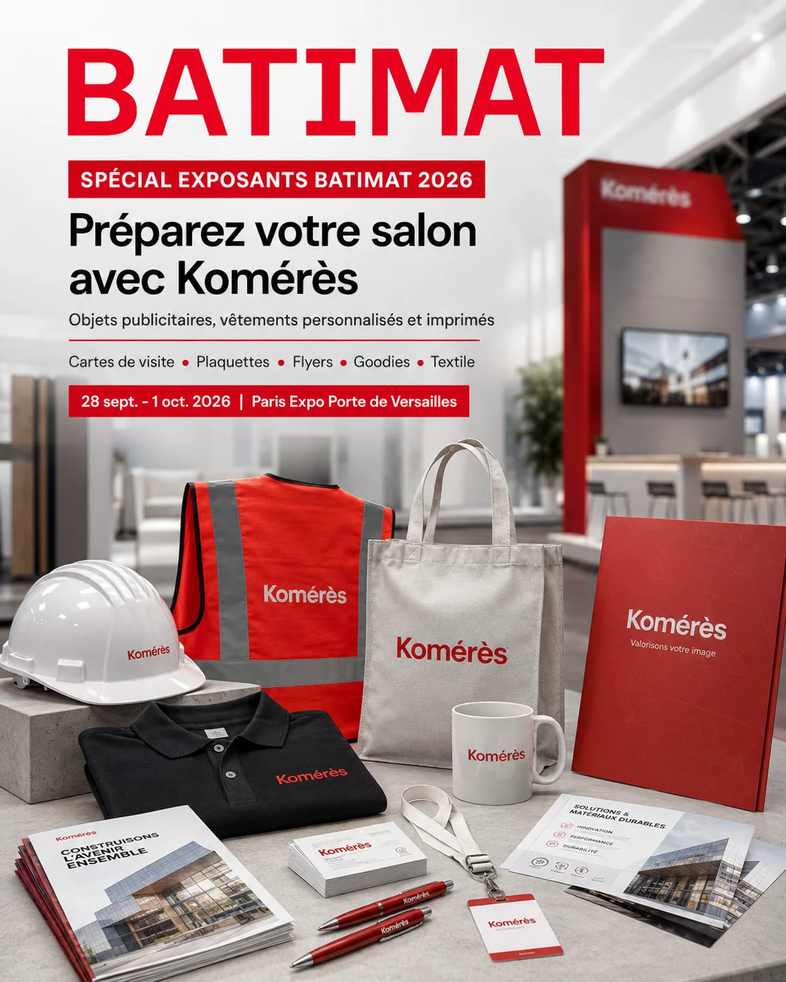 Produits personnalis&eacute;s Kom&eacute;r&egrave;s pour exposants Batimat 2026 avec objets publicitaires, textile personnalis&eacute;, brochures, flyers et cartes de visite