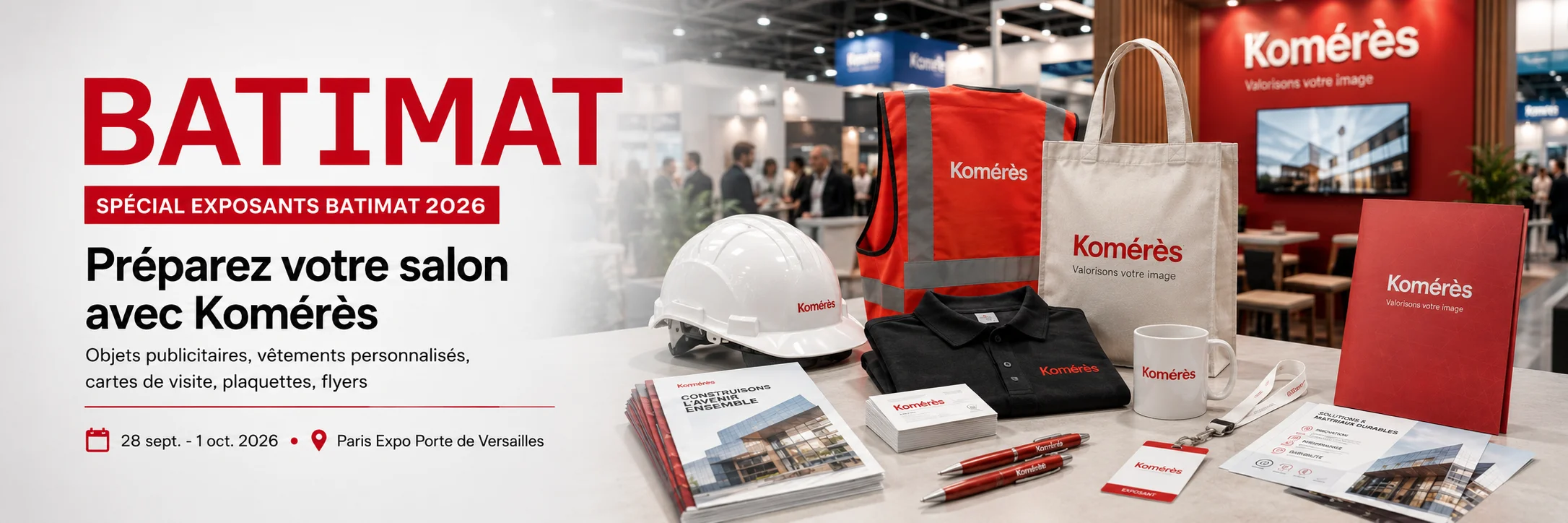 Banni&egrave;re Kom&eacute;r&egrave;s pour Batimat 2026 avec objets publicitaires, v&ecirc;tements personnalis&eacute;s, goodies, brochures, flyers et supports imprim&eacute;s pour exposants