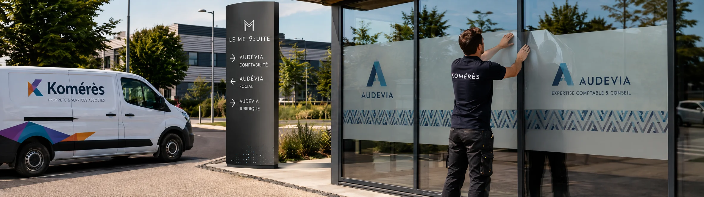 Pose de vitrophanie, adhésifs et signalétique à Meaux Pose de vitrophanie sur la façade d’une entreprise à Meaux, avec technicien Komérès, véhicule d’intervention Komérès et signalétique extérieure dans une zone d’activités.