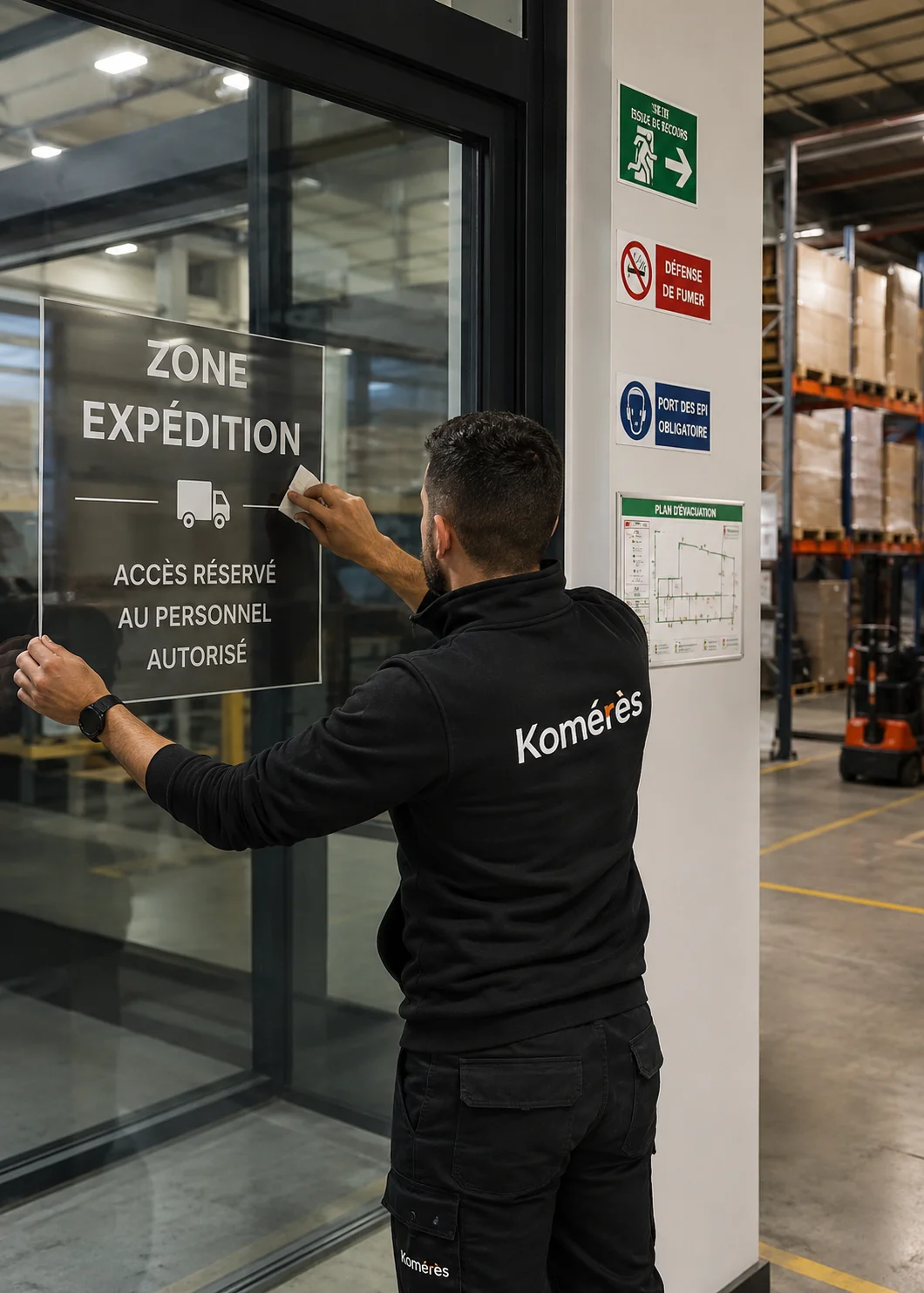 Signalétique réglementaire et adhésifs en entrepôt à Meaux Pose d’un adhésif de signalétique sur une porte vitrée dans un entrepôt à Meaux, avec technicien Komérès, panneaux de sécurité réglementaires et environnement logistique professionnel.