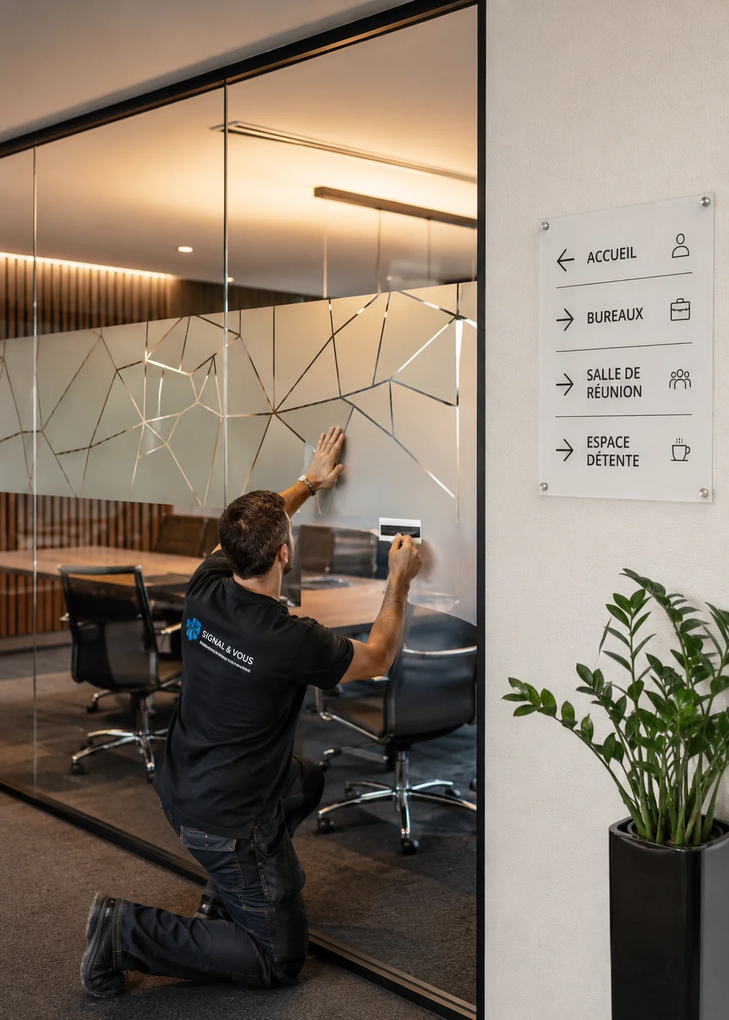 Vitrophanie de bureaux et signalétique intérieure à Serris Installation d’un film dépoli sur une cloison vitrée de salle de réunion à Serris, avec signalétique intérieure pour orienter les visiteurs et identifier les espaces professionnels.