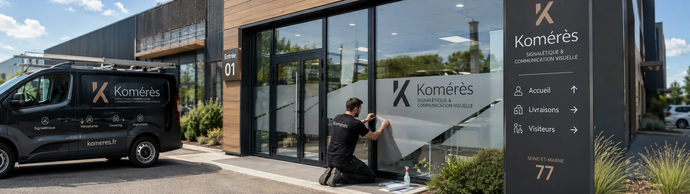 Pose de vitrophanie sur la fa&ccedil;ade d&rsquo;une entreprise en Seine-et-Marne, avec signal&eacute;tique ext&eacute;rieure, adh&eacute;sifs sur vitrage, totem directionnel et v&eacute;hicule utilitaire marqu&eacute;.