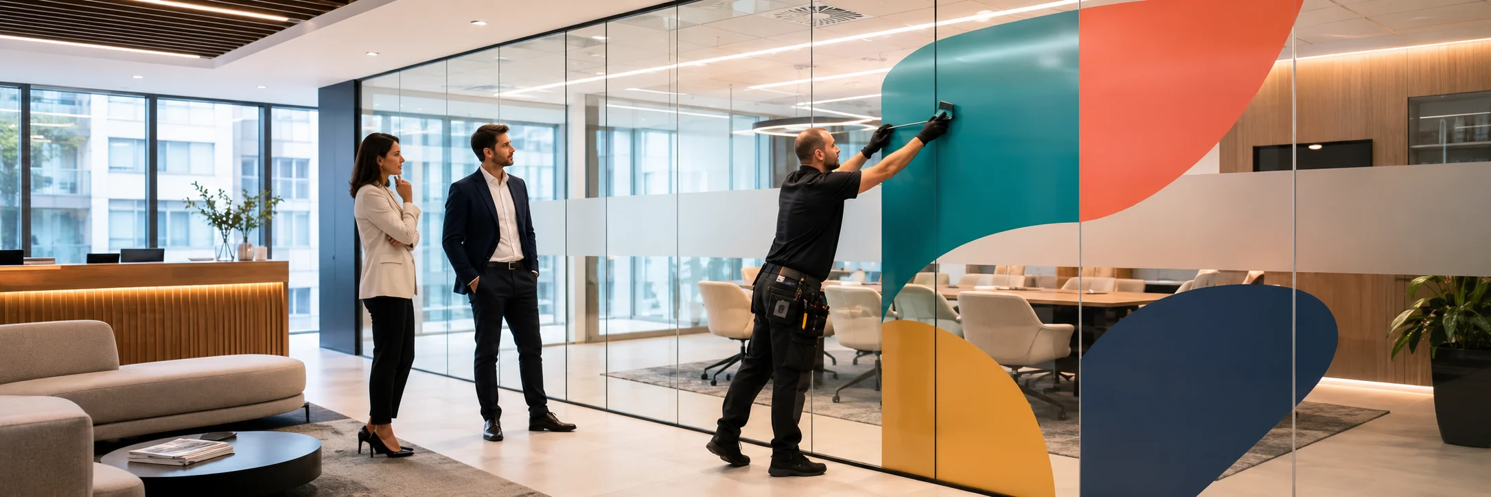 Pose de vitrophanie pour bureaux &agrave; Levallois Perret avec adh&eacute;sif vinyle plein, d&eacute;cors imprim&eacute;s en couleur, bandes de confidentialit&eacute; et habillage graphique des cloisons vitr&eacute;es pour valoriser l&rsquo;identit&eacute; visuelle des espaces professionnels.