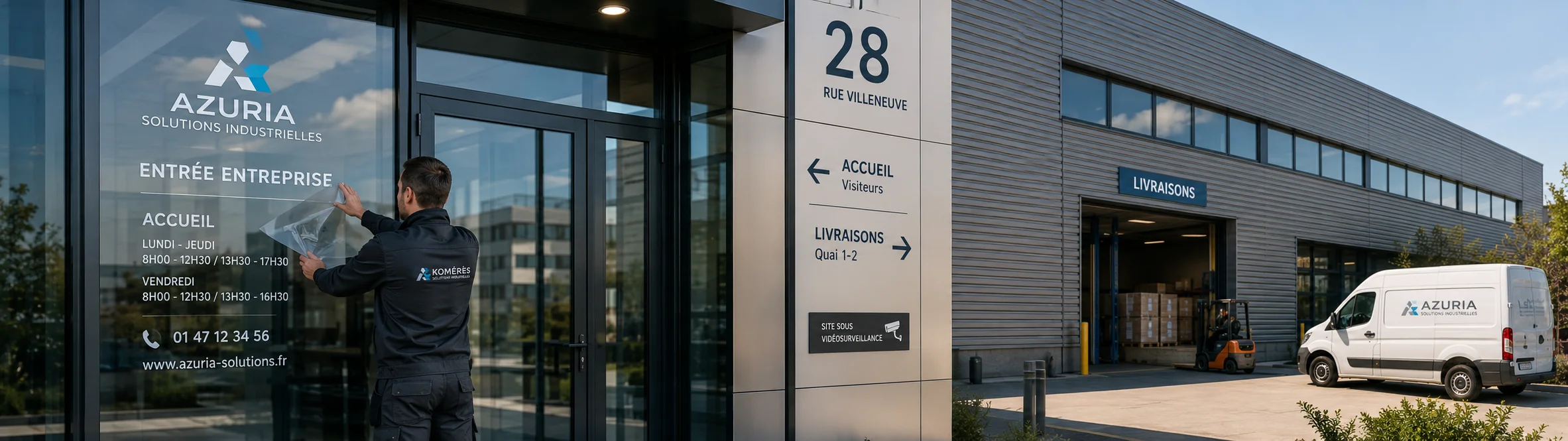 Marquage de fa&ccedil;ade et vitrophanie sur l&rsquo;entr&eacute;e d&rsquo;une entreprise &agrave; Clichy, avec identification des locaux, signal&eacute;tique d&rsquo;accueil et zone de livraison.