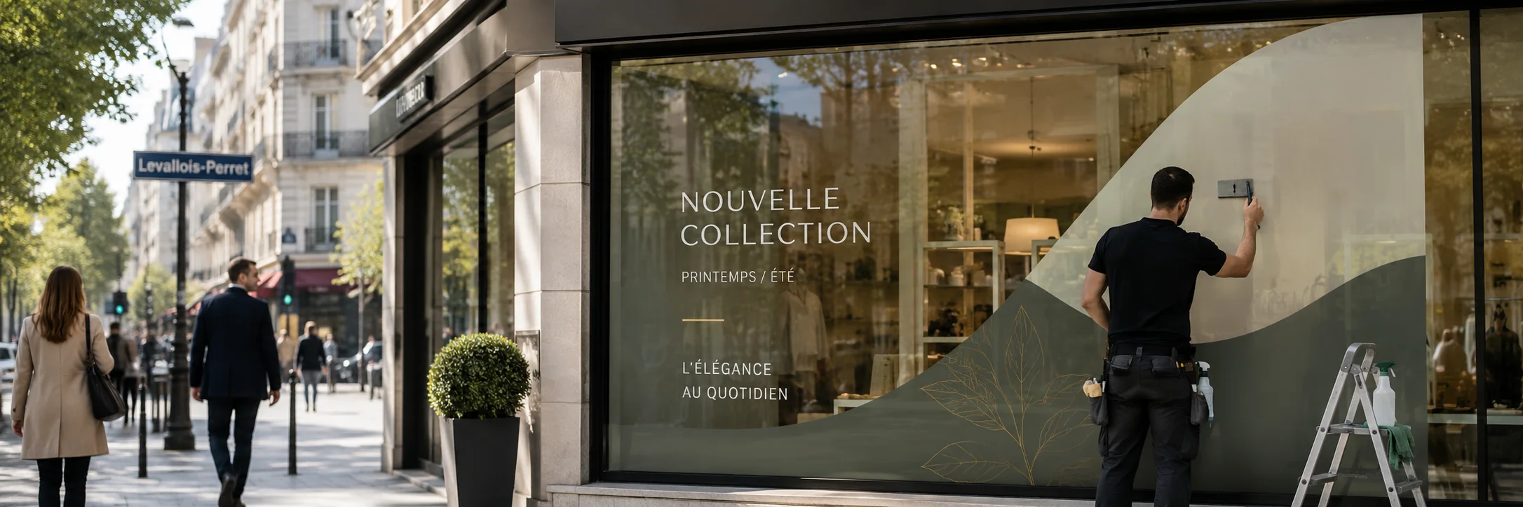 Technicien posant une vitrophanie sur la vitrine d&rsquo;un commerce &agrave; Levallois-Perret