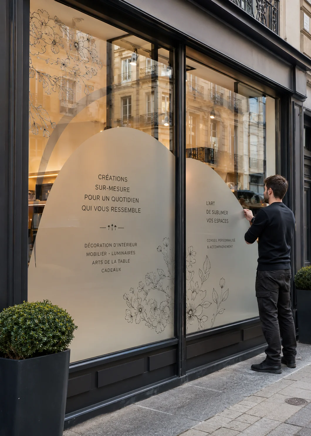 Vitrine de boutique habill&eacute;e avec une vitrophanie d&eacute;corative et un film d&eacute;poli sur mesure, con&ccedil;us pour valoriser l&rsquo;image du commerce et pr&eacute;server la luminosit&eacute; int&eacute;rieure.