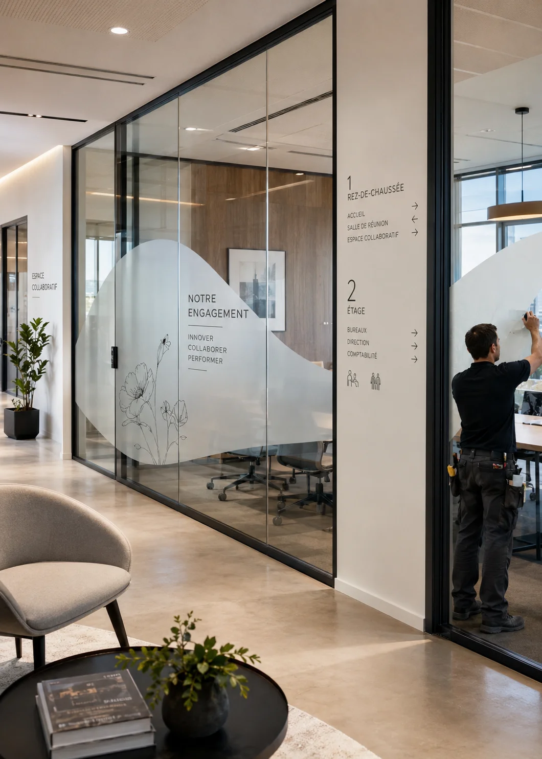 Cloisons vitr&eacute;es de bureaux avec vitrophanie d&eacute;polie et signal&eacute;tique int&eacute;rieure &agrave; Clichy, dans un espace professionnel moderne, &eacute;l&eacute;gant et fonctionnel.