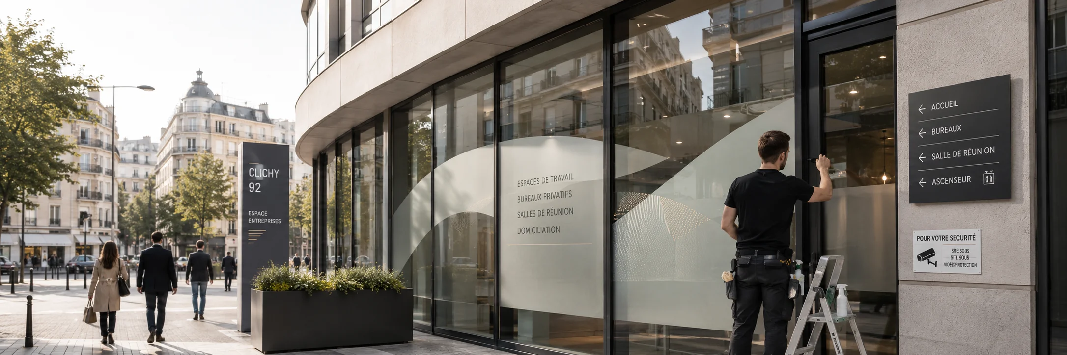 Pose de vitrophanie et signal&eacute;tique professionnelle sur la fa&ccedil;ade d&rsquo;un b&acirc;timent d&rsquo;entreprise &agrave; Clichy, avec marquage sur vitrage, panneaux directionnels et identit&eacute; visuelle soign&eacute;e.