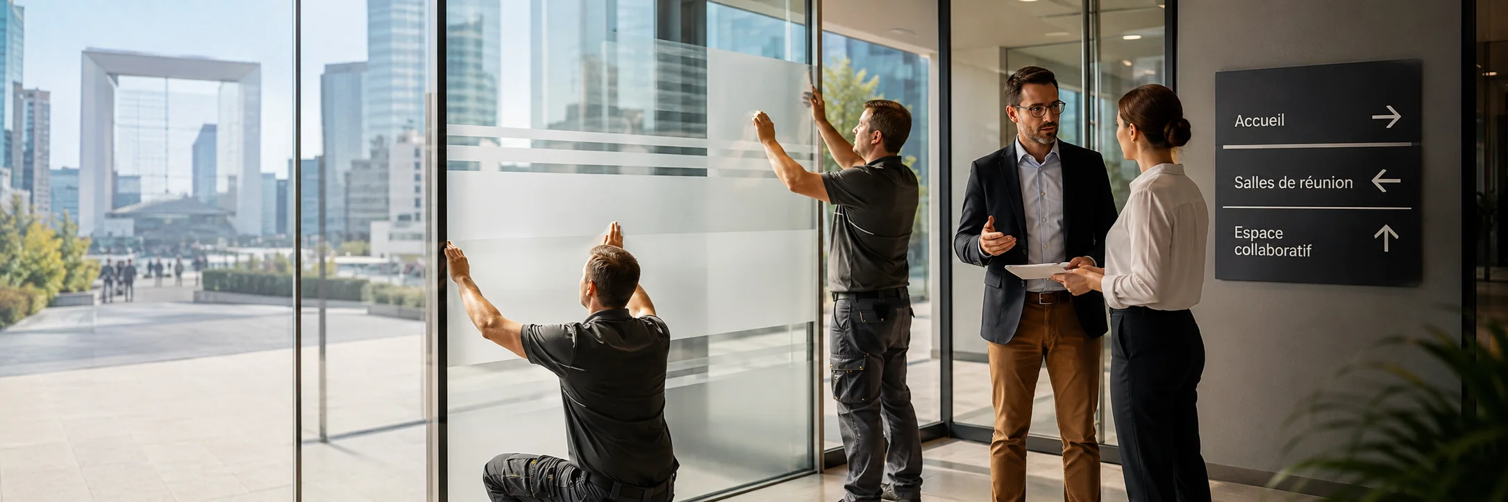 Pose de vitrophanie et signalétique professionnelle dans les Hauts-de-Seine Pose de vitrophanie, films dépolis, adhésifs et signalétique intérieure pour bureaux et entreprises dans les Hauts-de-Seine, avec intervention professionnelle sur site.