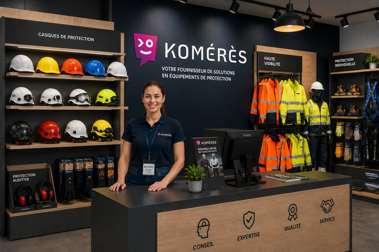 Boutique EPI Komérès avec casques de protection et vêtements haute visibilité Image réaliste d’un espace boutique Komérès dédié aux équipements de protection individuelle, avec une vendeuse, des étagères de casques de chantier, des accessoires EPI, des vêtements haute visibilité et un espace conseil pour les professionnels.