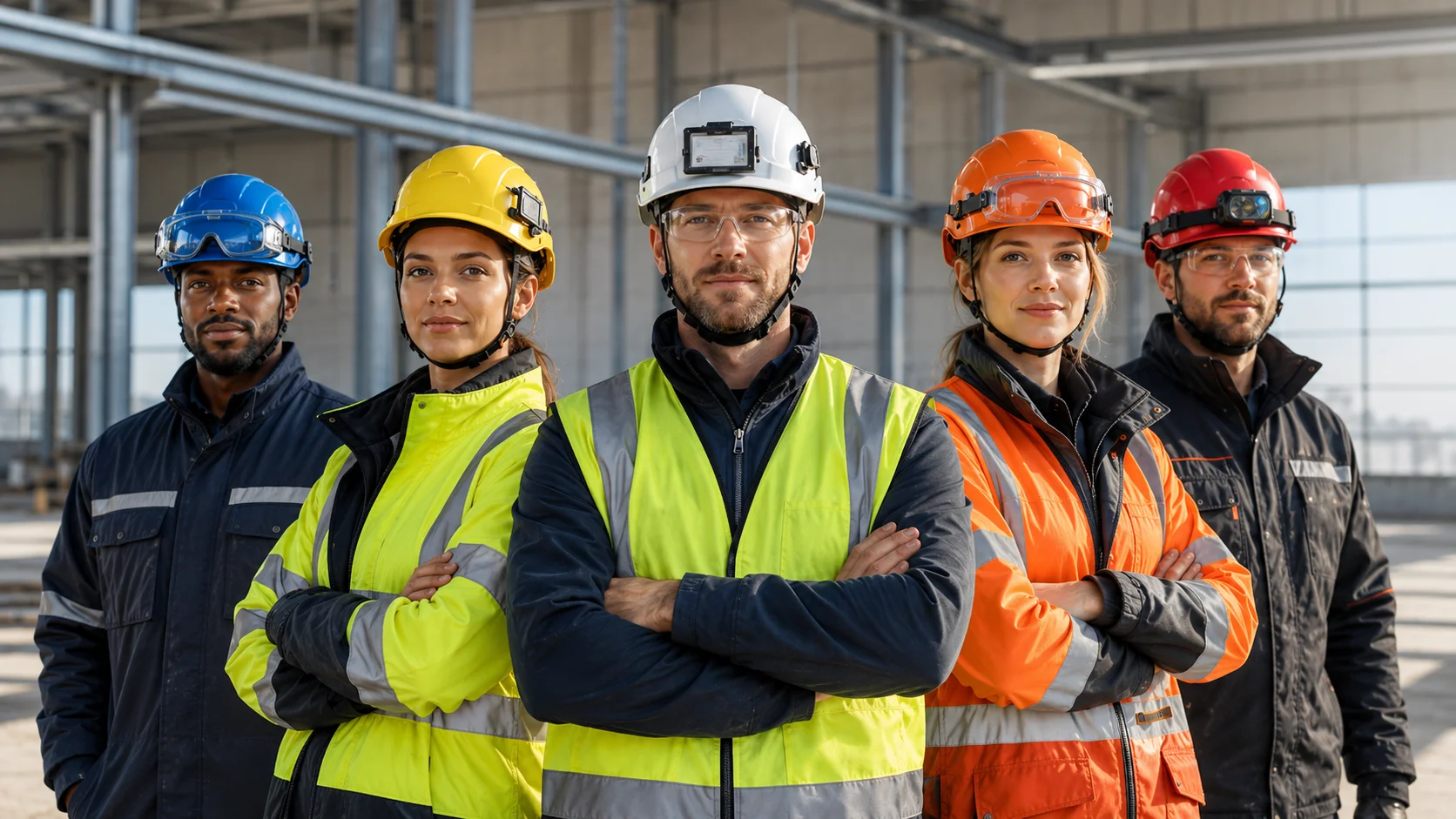 Équipe de chantier avec casques EPI et accessoires de protection Image illustrant une équipe de 3 hommes et 2 femmes équipée de casques de protection EPI avec différentes configurations d’accessoires : jugulaire, porte-badge, lunettes et visières intégrées, idéale pour présenter la diversité des casques de chantier professionnels proposés par Komérès.