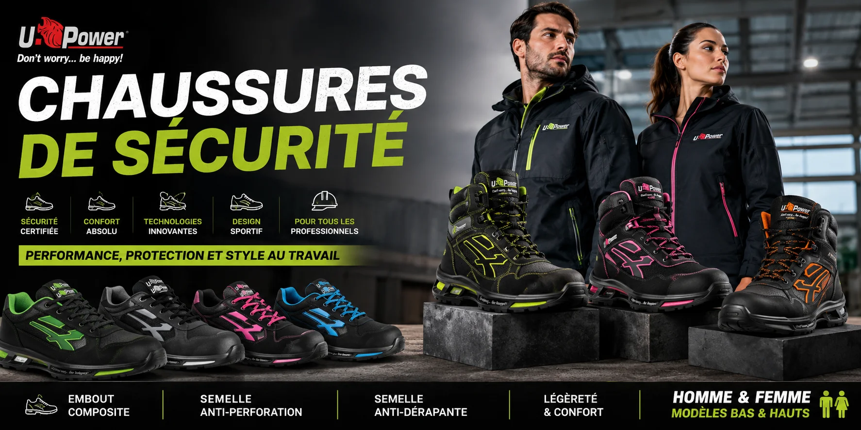 Banni&egrave;re pr&eacute;sentant plusieurs mod&egrave;les de chaussures de s&eacute;curit&eacute; pour homme et femme, avec versions basses et montantes, id&eacute;ale pour illustrer une page d&eacute;di&eacute;e aux chaussures EPI professionnelles pour le BTP, l&rsquo;industrie, la logistique et les m&eacute;tiers techniques.