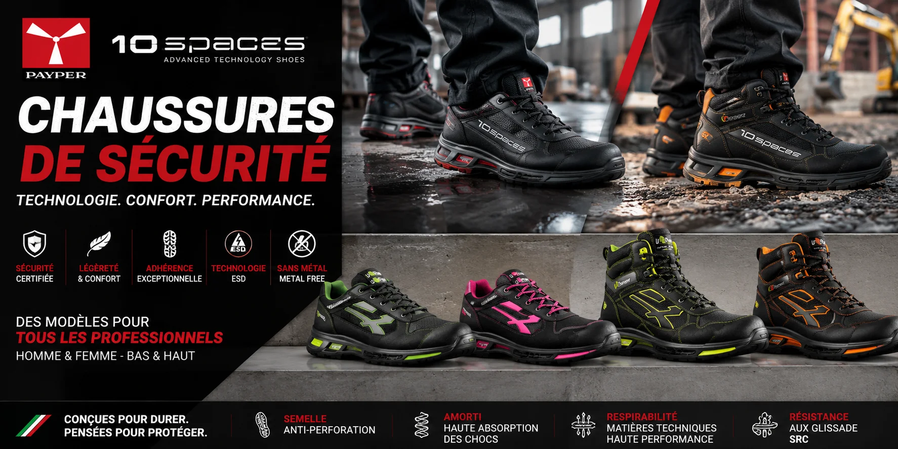 Banni&egrave;re pr&eacute;sentant une s&eacute;lection de chaussures de s&eacute;curit&eacute; Payper 10-Spaces, avec mod&egrave;les bas et montants, con&ccedil;us pour allier protection, confort, l&eacute;g&egrave;ret&eacute;, adh&eacute;rence et performance pour les professionnels.