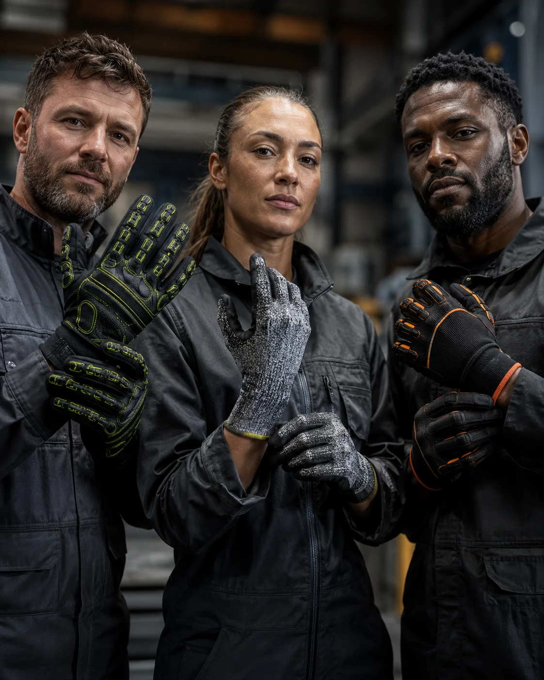 Image en gros plan montrant trois professionnels portant diff&eacute;rents mod&egrave;les de gants de protection, id&eacute;ale pour valoriser les EPI main adapt&eacute;s aux m&eacute;tiers de l&rsquo;industrie, du BTP, de la manutention, de la maintenance et des environnements &agrave; risques.