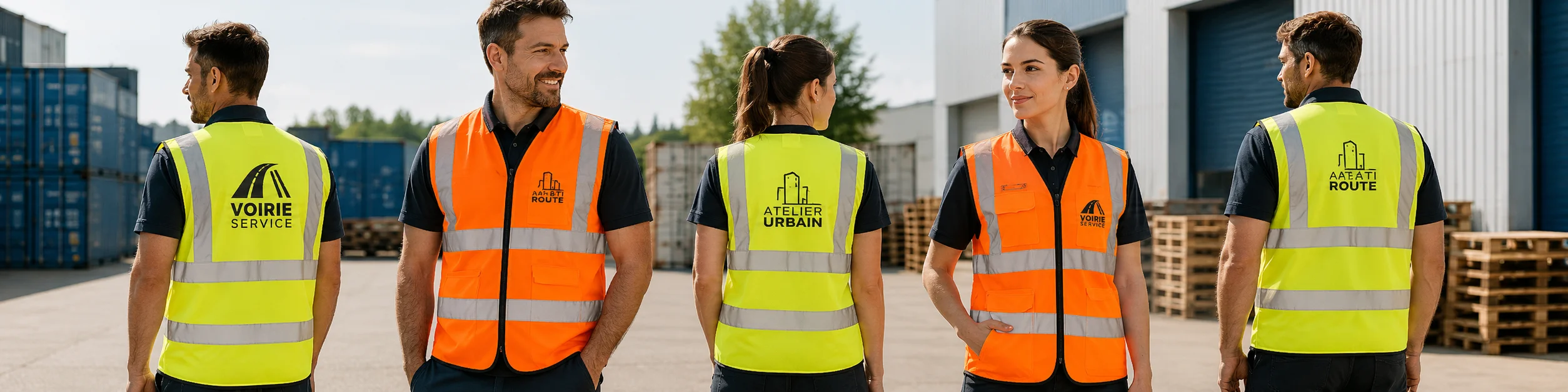 Équipe en gilets haute visibilité personnalisés Bannière réaliste montrant plusieurs professionnels portant uniquement des gilets haute visibilité personnalisés avec logos français au cœur et dans le dos, idéale pour illustrer une page dédiée aux gilets de sécurité personnalisés pour entreprises, chantiers, logistique et collectivités.
