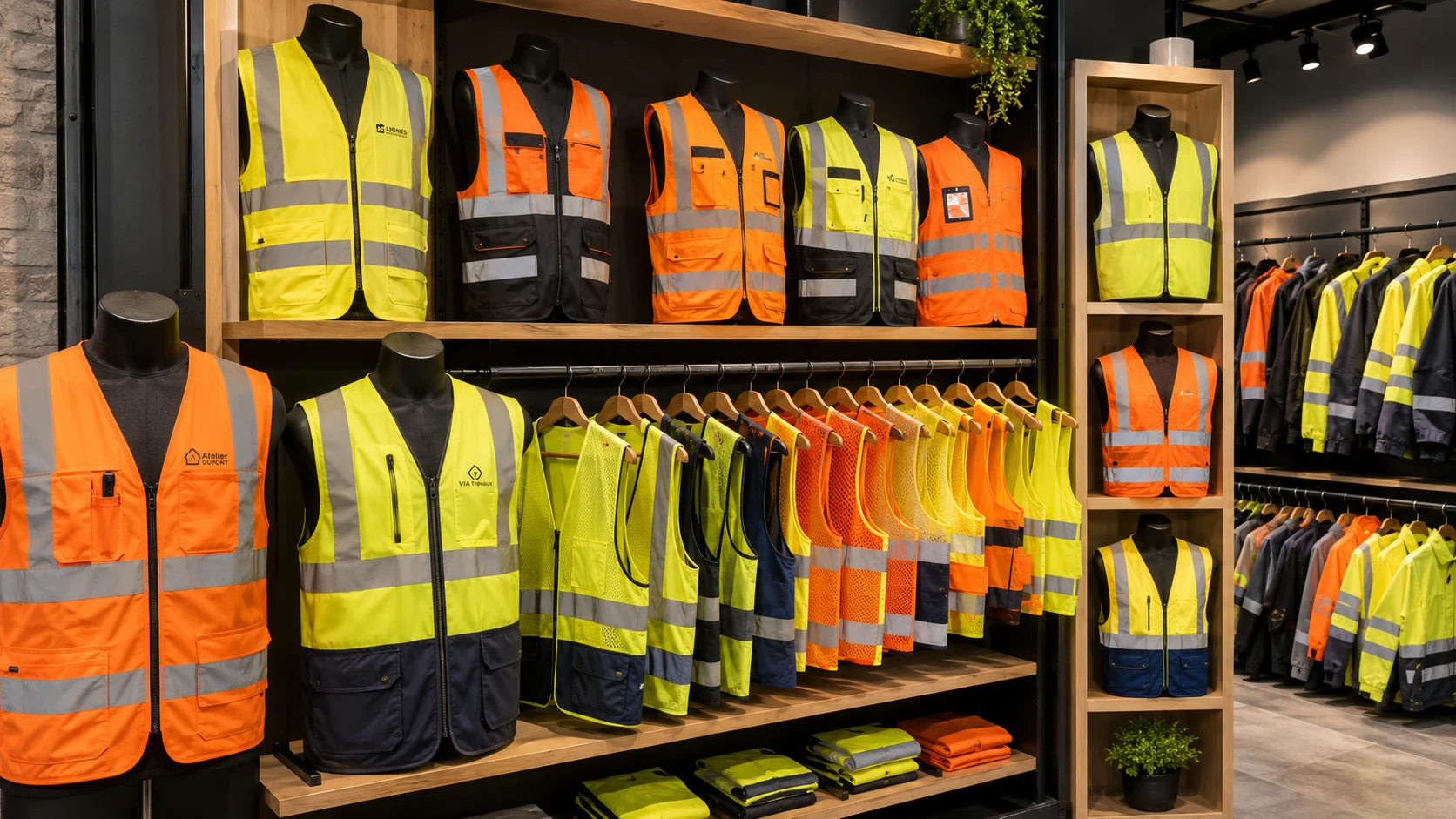 Dressing magasin avec gamme de gilets haute visibilité professionnels Visuel réaliste d’un dressing de magasin présentant plusieurs modèles de gilets haute visibilité professionnels, avec différentes coupes, coloris, poches et bandes réfléchissantes, idéal pour illustrer une page dédiée aux gilets de sécurité personnalisés pour entreprises et collectivités.