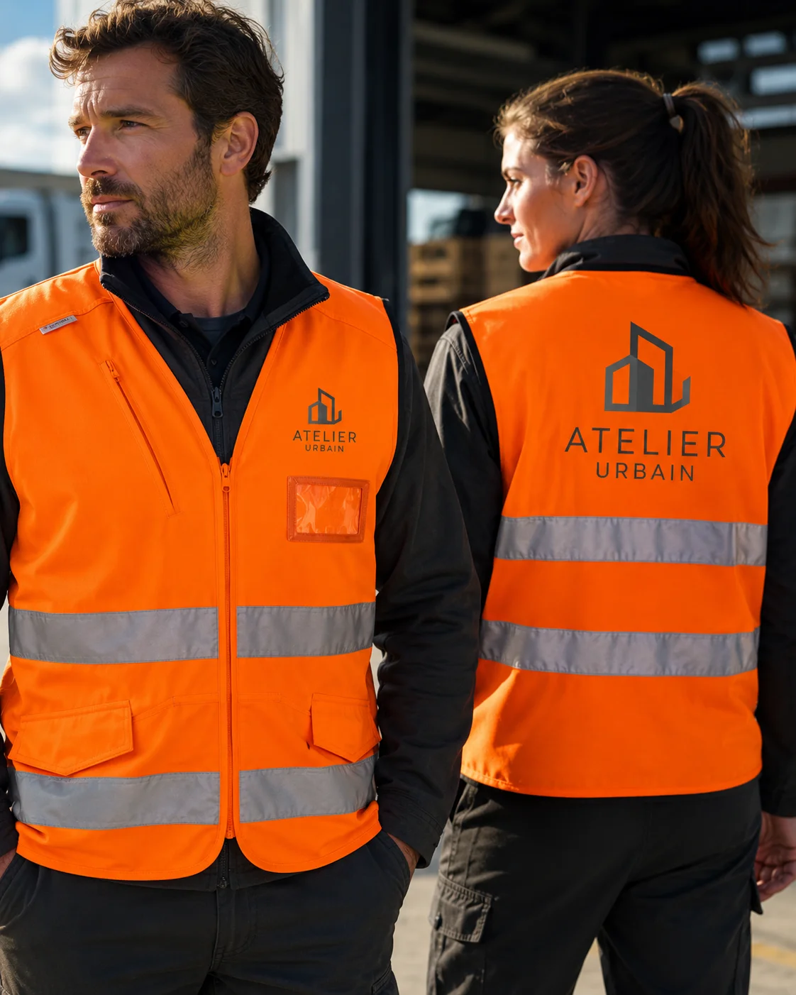 Image verticale en gros plan montrant deux professionnels portant des gilets haute visibilité orange personnalisés avec un logo français au cœur et dans le dos, idéale pour illustrer une offre de gilets de sécurité personnalisés pour entreprises, chantiers et collectivités. Gilet haute visibilité orange personnalisé avec logo en situation
