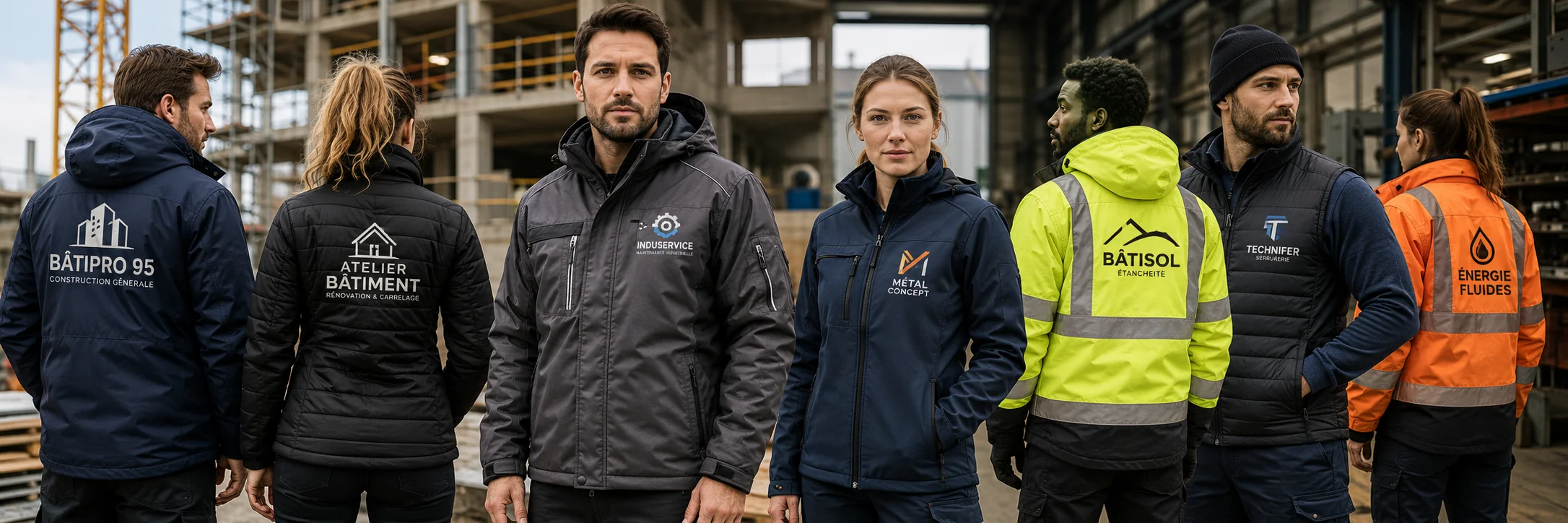 Banni&egrave;re 1600x450 montrant des hommes et des femmes en environnement BTP et industriel portant des parkas et manteaux professionnels personnalis&eacute;s avec logos fran&ccedil;ais au c&oelig;ur et dans le dos, id&eacute;ale pour illustrer une offre de v&ecirc;tements EPI personnalis&eacute;s pour entreprises.