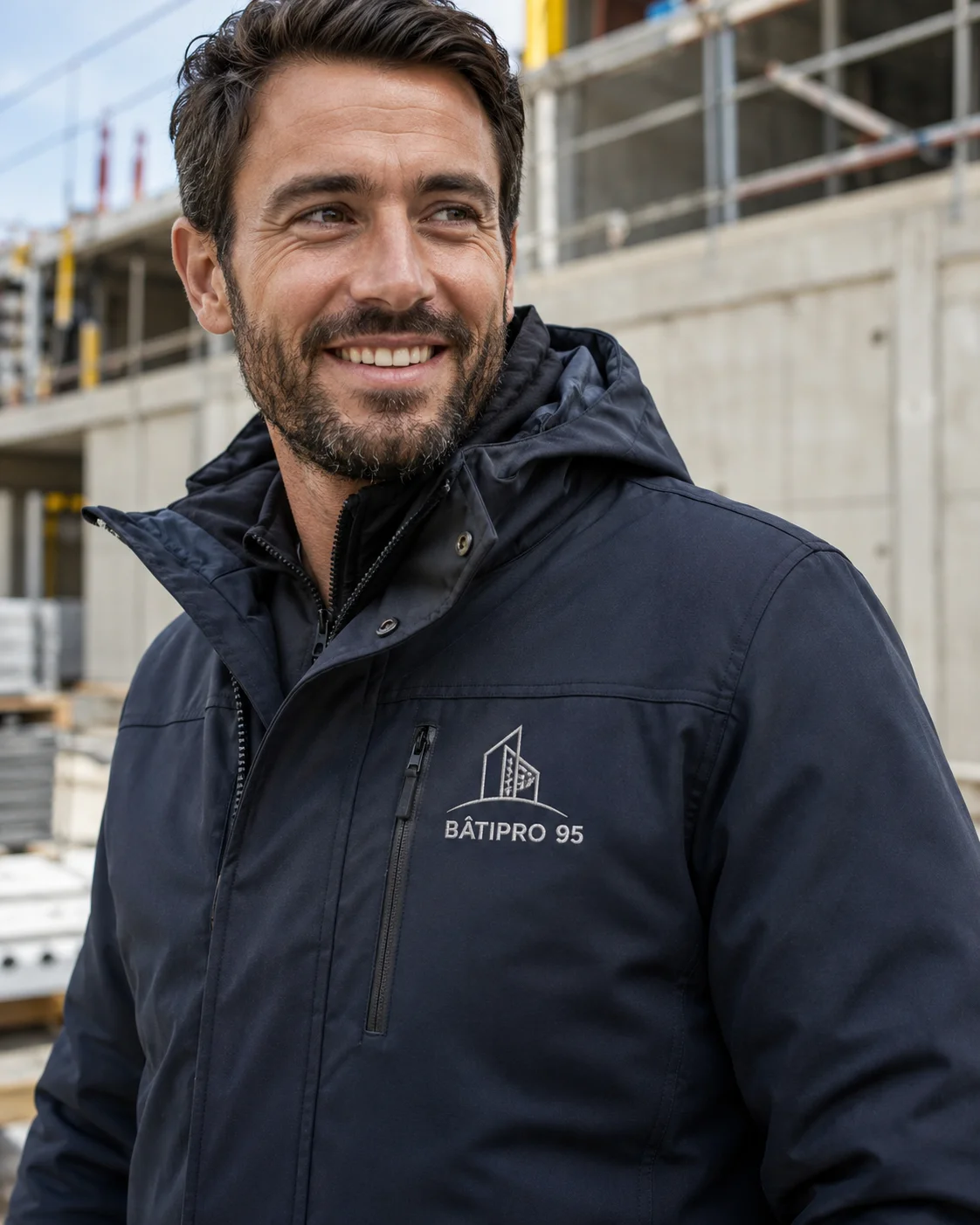 Image en gros plan d&rsquo;un professionnel du BTP souriant portant une parka avec capuche non port&eacute;e sur la t&ecirc;te, personnalis&eacute;e avec une broderie au c&oelig;ur au nom d&rsquo;une entreprise de b&acirc;timent, id&eacute;ale pour valoriser une tenue de travail premium et personnalis&eacute;e.