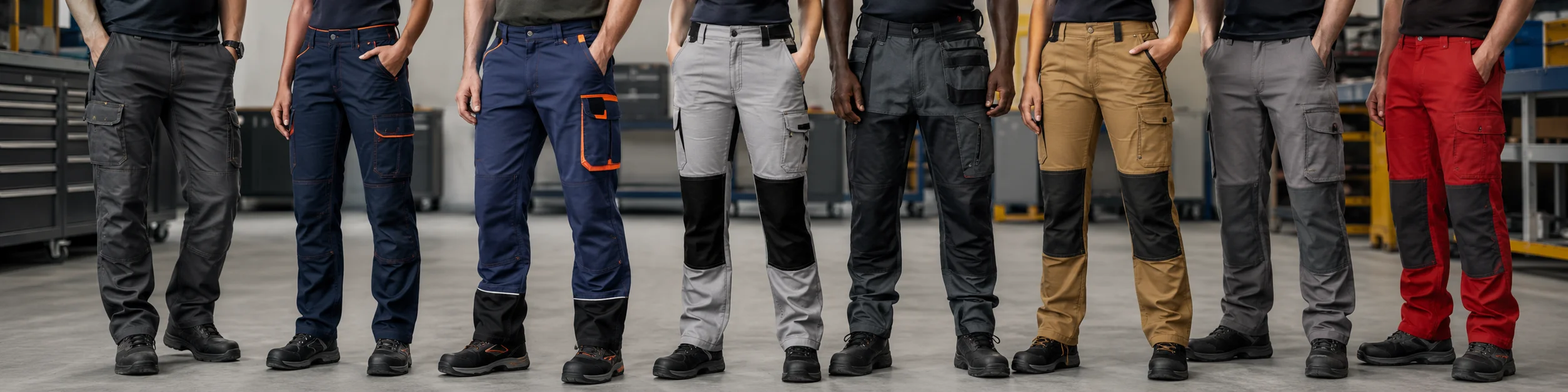 Pantalons de travail professionnels pour entreprises Bannière 1600x400 présentant plusieurs pantalons de travail professionnels portés par des hommes et des femmes, avec différentes coupes, coloris, poches et renforts, idéale pour illustrer une page dédiée aux vêtements de travail pour entreprises, artisans, techniciens et équipes terrain.