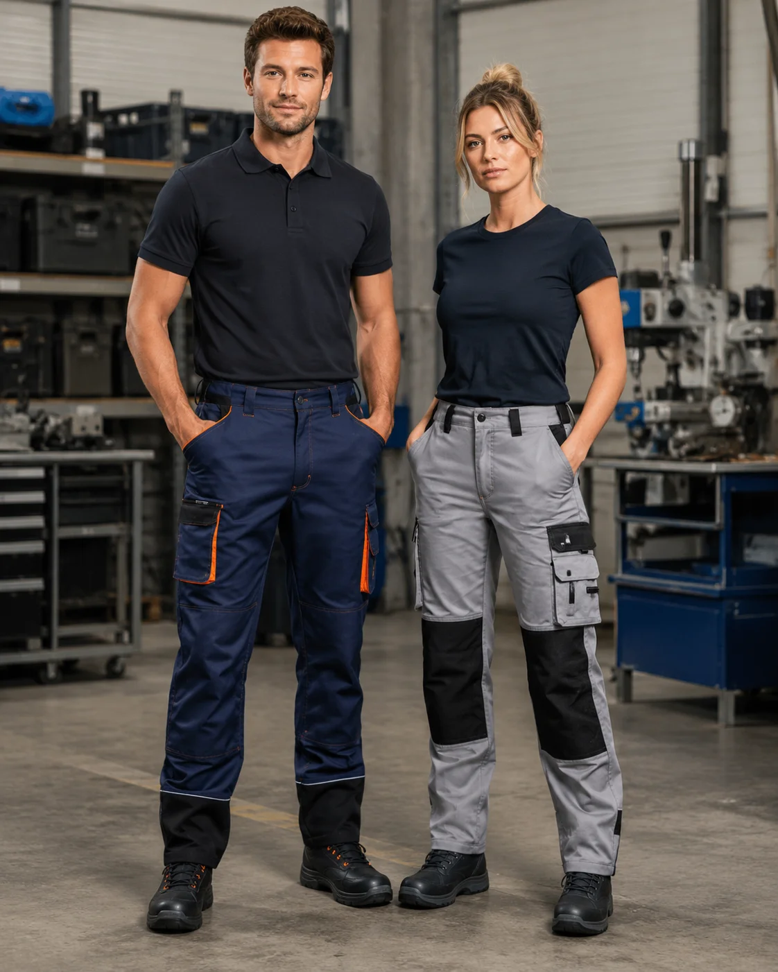 Pantalons de travail professionnels pour homme et femme Image réaliste montrant un homme et une femme portant des pantalons de travail professionnels avec poches, renforts et coupes adaptées aux métiers techniques, idéale pour illustrer une page dédiée aux vêtements de travail pour entreprises, artisans et équipes terrain.