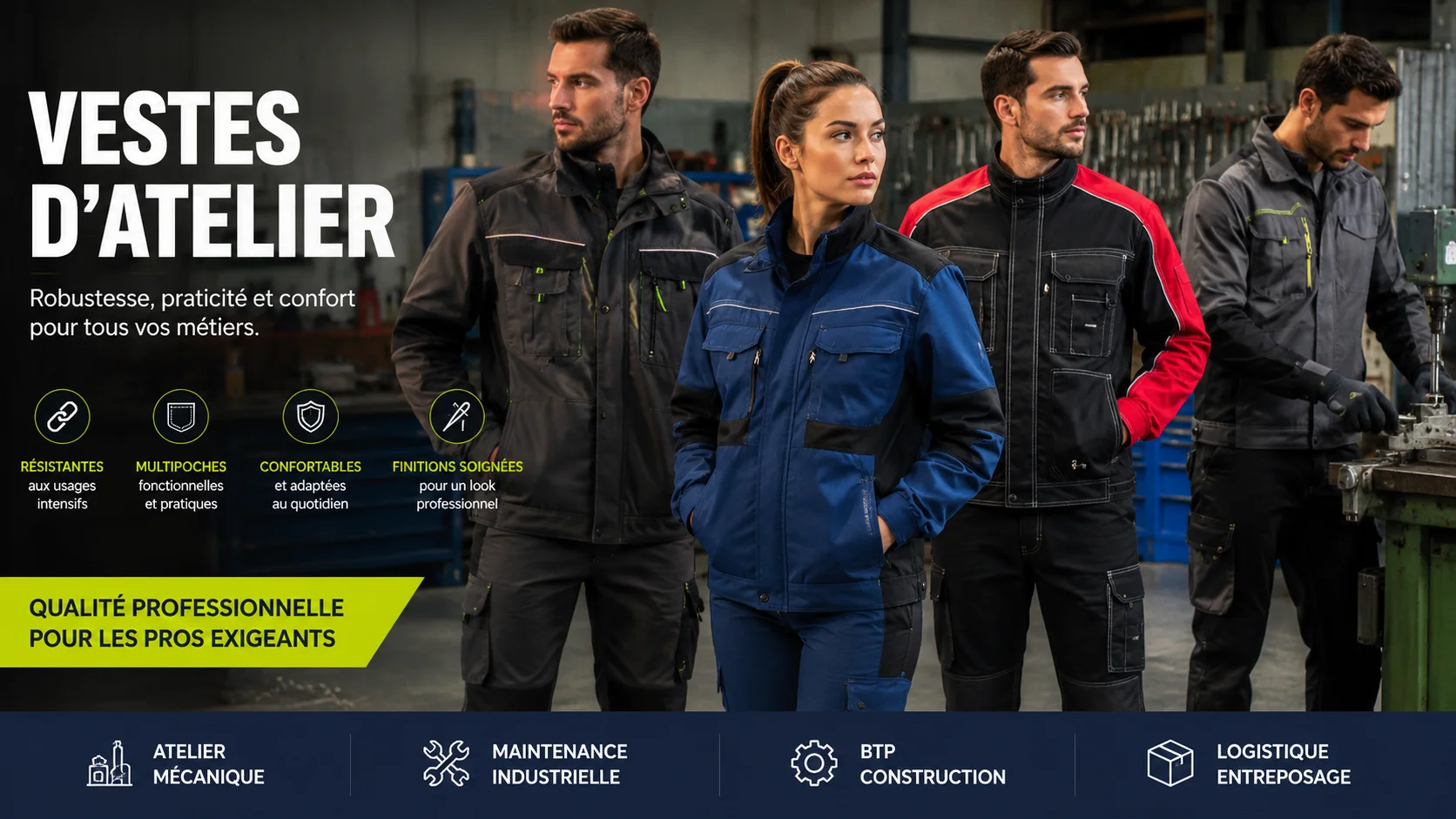 Banni&egrave;re pr&eacute;sentant plusieurs professionnels &eacute;quip&eacute;s de vestes d&rsquo;atelier personnalis&eacute;es avec logos fran&ccedil;ais, dans un environnement industriel, id&eacute;ale pour illustrer une page d&eacute;di&eacute;e aux v&ecirc;tements de travail pour ateliers, maintenance, BTP et industrie.