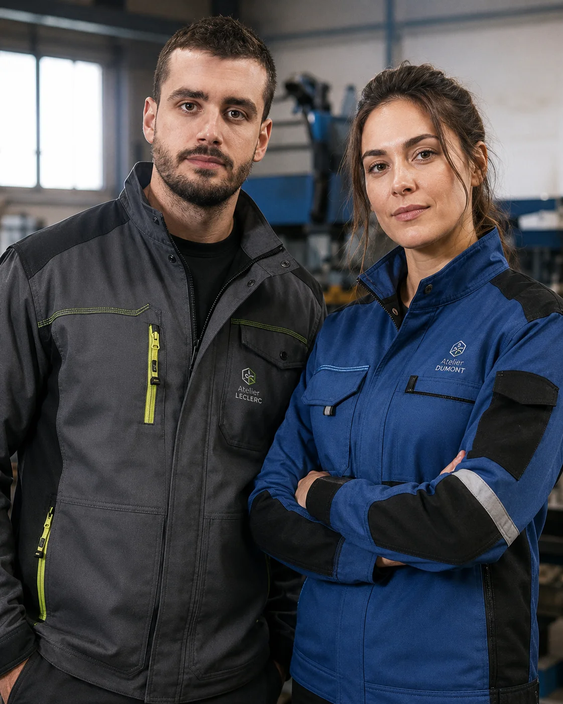 Image en gros plan montrant un homme et une femme portant des vestes d&rsquo;atelier personnalis&eacute;es avec logos fran&ccedil;ais au c&oelig;ur, id&eacute;ale pour valoriser la qualit&eacute; des v&ecirc;tements de travail, les finitions professionnelles et le marquage textile pour entreprises.