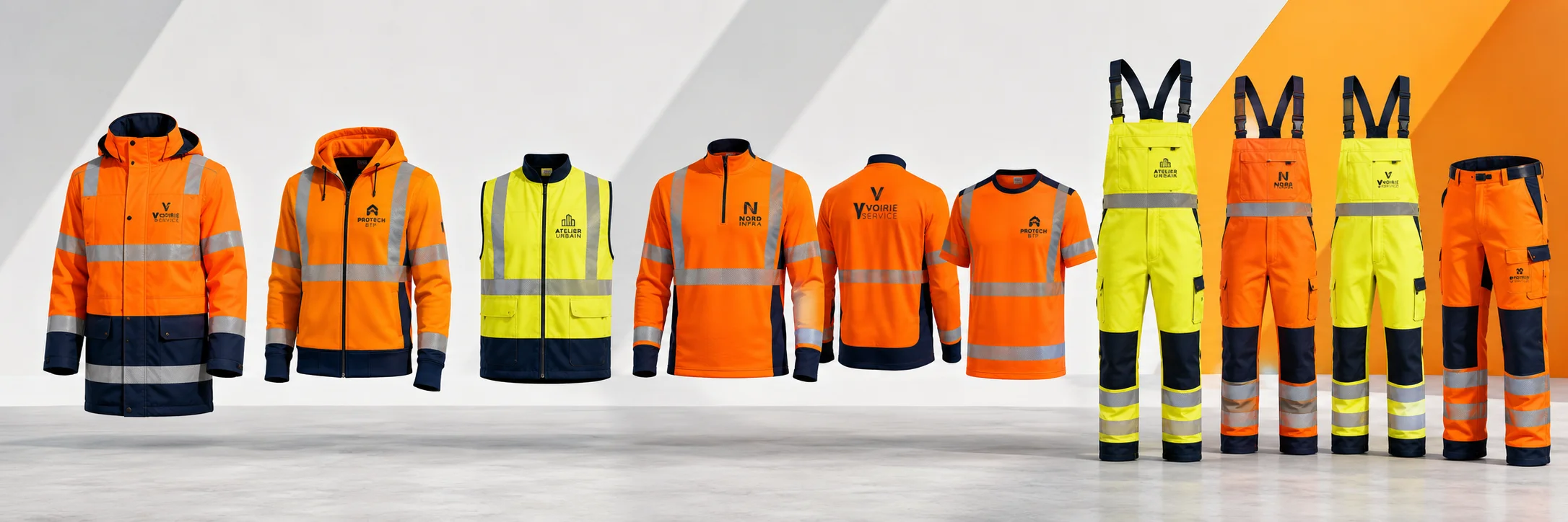 Bannière vêtements haute visibilité personnalisés pour professionnels Bannière 1600x400 présentant une gamme de vêtements haute visibilité professionnels personnalisés avec logos au cœur et dans le dos : parka, veste, gilet, t-shirt, pantalon et salopette, pour illustrer une offre complète EPI destinée aux entreprises et collectivités.