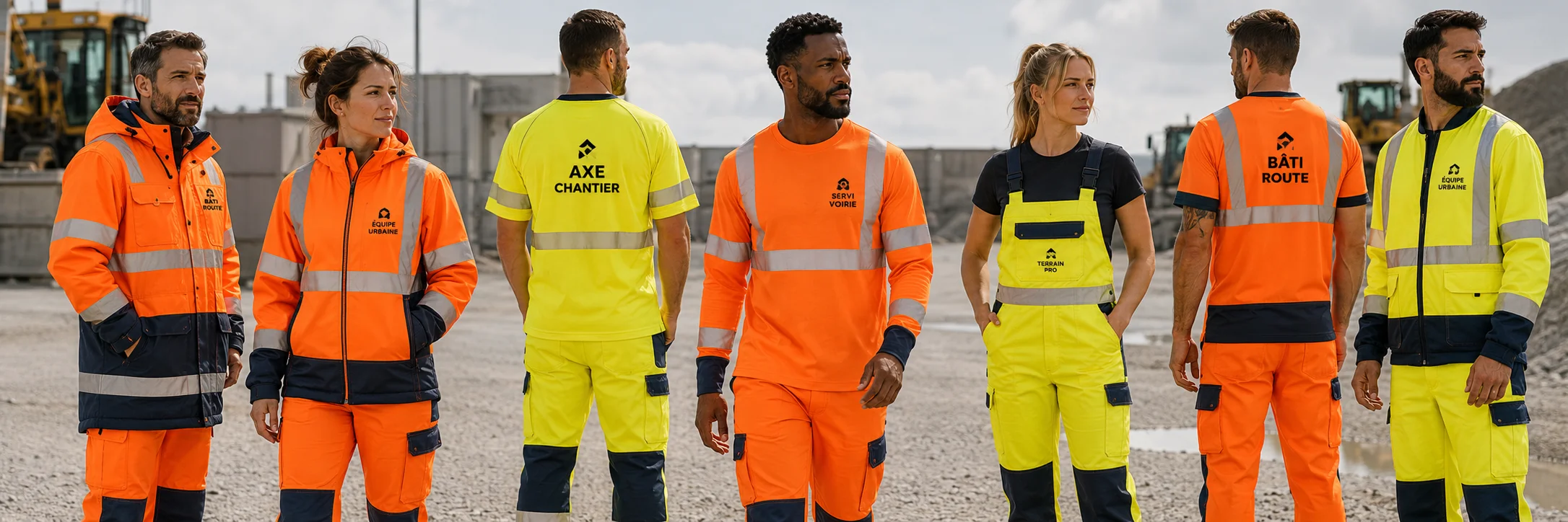 Gamme de vêtements haute visibilité personnalisés pour entreprise Bannière présentant une gamme complète de vêtements haute visibilité personnalisés avec logos au cœur et dans le dos, incluant parkas, vestes, gilets, t-shirts, pantalons et salopettes pour les professionnels.
