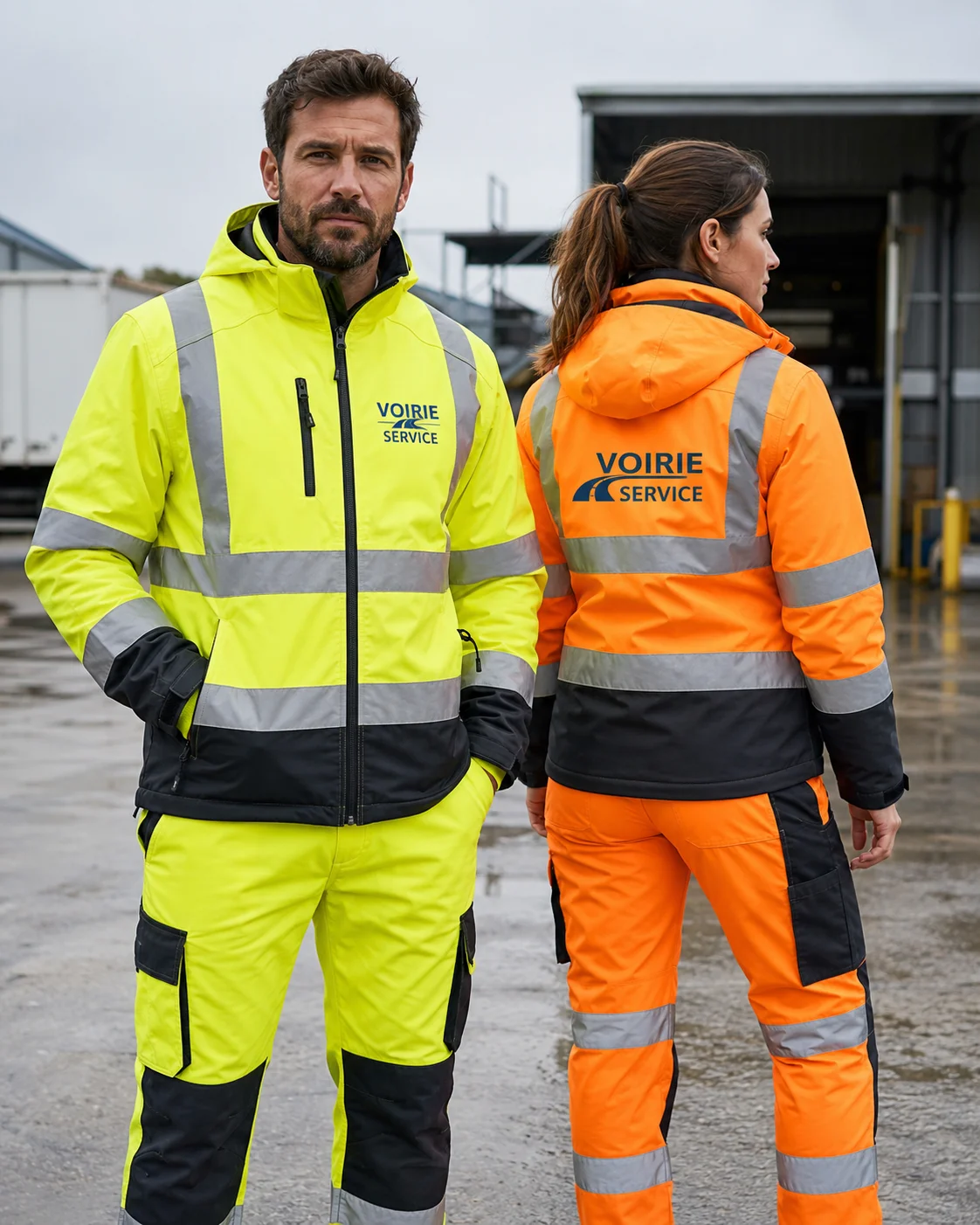 Vêtements haute visibilité personnalisés pour équipe de voirie Image verticale montrant deux professionnels portant des vêtements haute visibilité personnalisés avec logos français au cœur et dans le dos, idéale pour illustrer une page dédiée aux tenues EPI haute visibilité pour entreprises, collectivités et équipes de terrain.