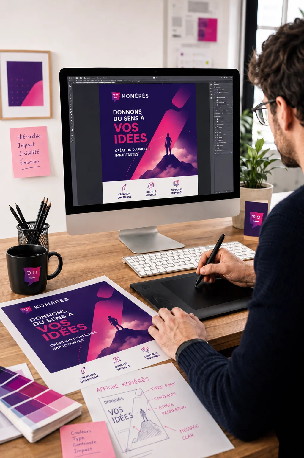Création d’affiche professionnelle par le studio graphique Komérès Image verticale montrant une personne travaillant sur la création d’une affiche professionnelle dans le studio graphique Komérès. Le visuel illustre la conception graphique, la mise en page, la hiérarchie du message, le choix des visuels et la préparation du fichier avant impression.