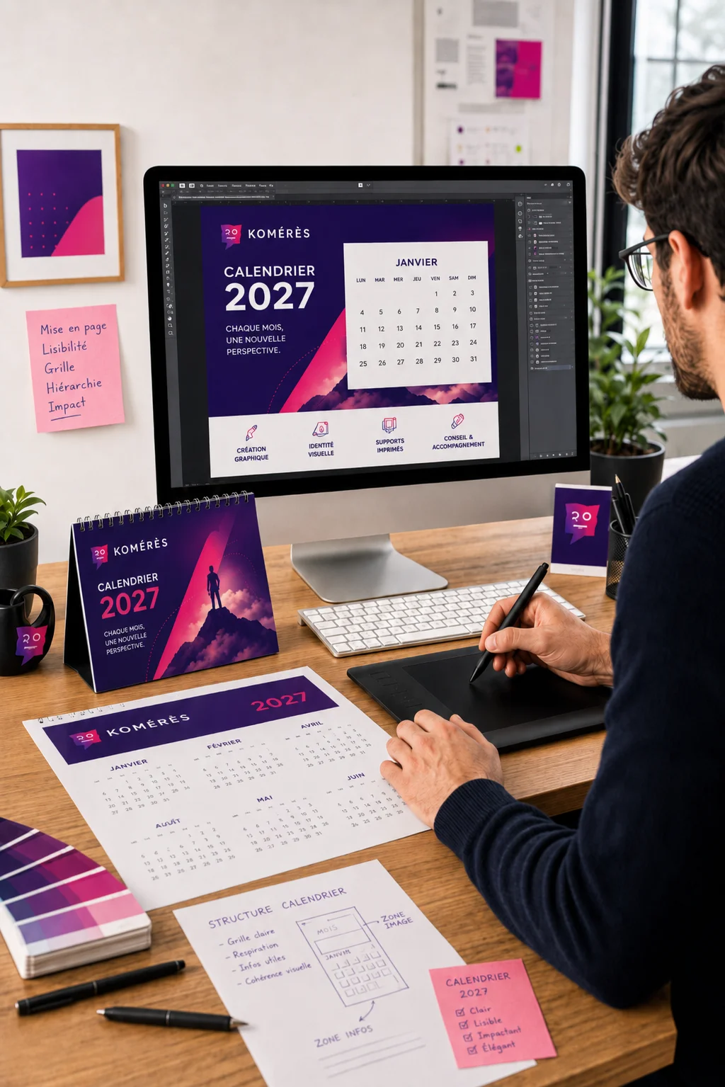 Création d’un calendrier personnalisé 2027 en studio graphique Image verticale montrant une personne travaillant sur la conception d’un calendrier personnalisé 2027 dans le studio graphique Komérès. Le visuel illustre la mise en page, la lisibilité des dates, la hiérarchie visuelle, l’intégration de l’identité de marque et la préparation du fichier avant impression.