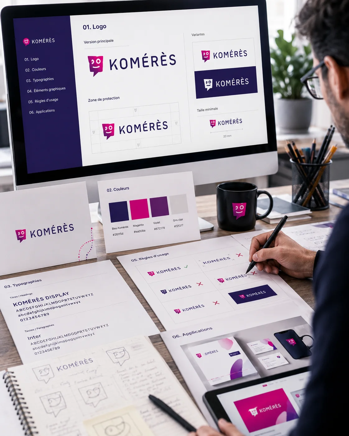 Image verticale en gros plan montrant la r&eacute;alisation d&rsquo;une charte graphique dans le studio Kom&eacute;r&egrave;s. Le visuel pr&eacute;sente le travail sur le logo, les variantes, la palette de couleurs, les typographies, les r&egrave;gles d&rsquo;usage et les applications de marque pour construire une identit&eacute; visuelle professionnelle compl&egrave;te.