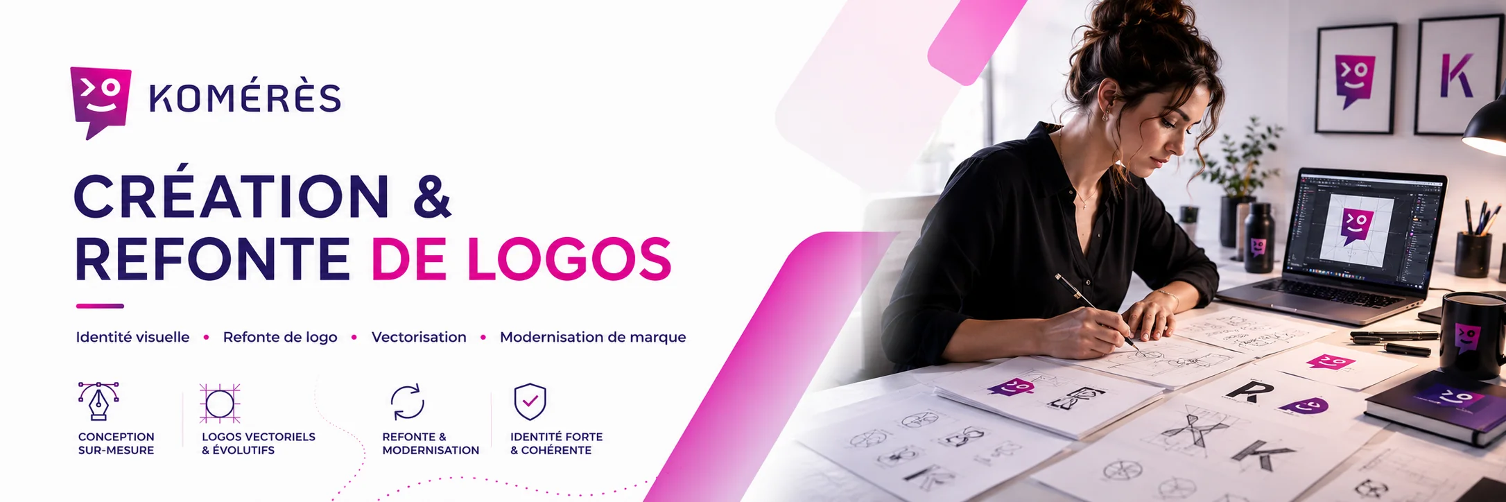 Banni&egrave;re illustrant le service de cr&eacute;ation et de refonte de logos propos&eacute; par le studio graphique Kom&eacute;r&egrave;s. L&rsquo;image met en avant le travail d&rsquo;une directrice artistique sur une identit&eacute; visuelle, avec une approche professionnelle autour du logo, de la vectorisation, de la modernisation de marque et de la coh&eacute;rence graphique.