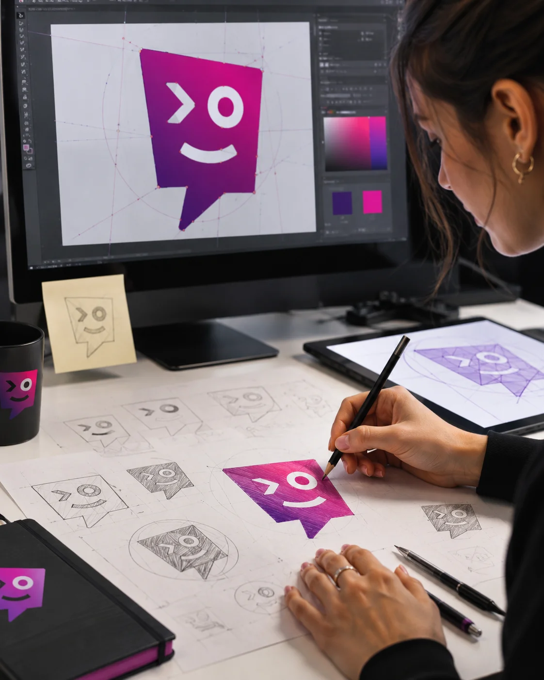 Image verticale mettant en sc&egrave;ne la cr&eacute;ation d&rsquo;un logo en plein processus de conception. Le visuel montre les diff&eacute;rentes &eacute;tapes du travail graphique, du croquis papier &agrave; la cr&eacute;ation num&eacute;rique, pour illustrer le savoir-faire du studio graphique Kom&eacute;r&egrave;s en cr&eacute;ation de logos professionnels sur mesure.