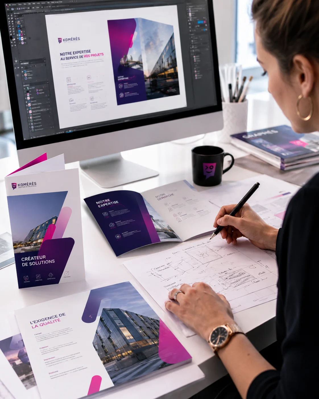 Image verticale montrant en gros plan la cr&eacute;ation d&rsquo;une plaquette commerciale dans le studio graphique Kom&eacute;r&egrave;s. Le visuel illustre le travail de conception, de mise en page et de pr&eacute;paration des supports imprim&eacute;s, avec un accompagnement professionnel jusqu&rsquo;&agrave; l&rsquo;impression finale.