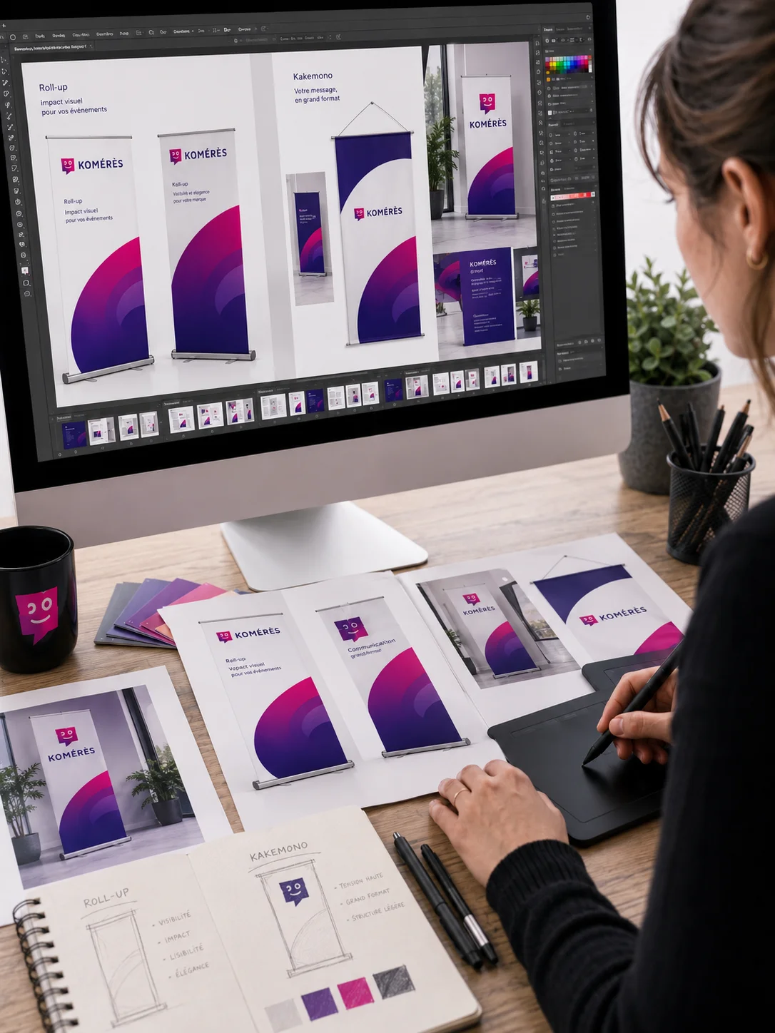 Image verticale montrant une personne travaillant sur la conception de roll-up et kak&eacute;mono dans le studio graphique Kom&eacute;r&egrave;s. Le visuel met en avant la cr&eacute;ation graphique, la lisibilit&eacute; du message, la mise en page grand format, le choix des visuels et la pr&eacute;paration des fichiers avant impression.