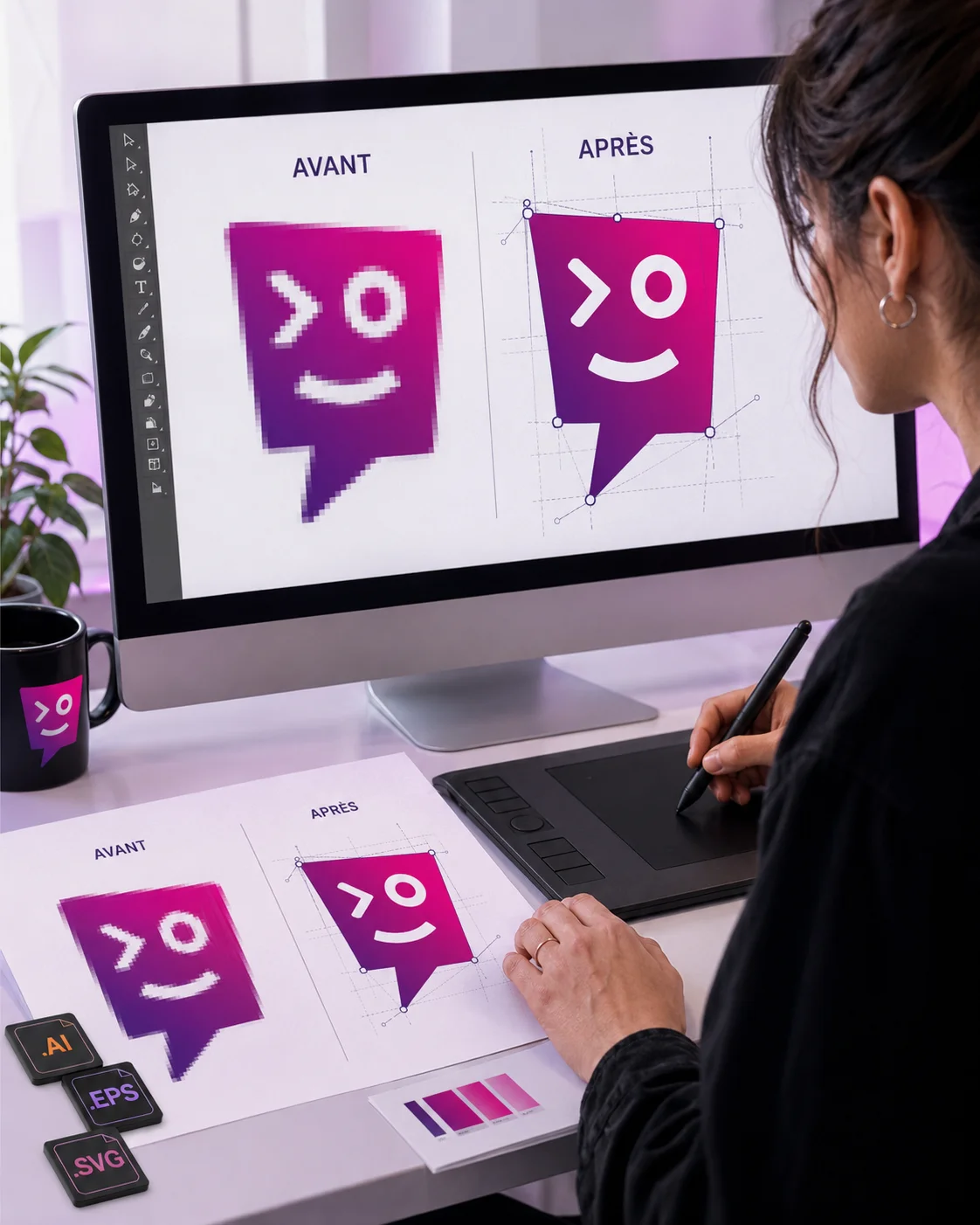 Image verticale montrant un avant apr&egrave;s de vectorisation de logo, avec un logo pixellis&eacute; transform&eacute; en visuel vectoriel net et pr&eacute;cis. Ce visuel illustre le travail du studio graphique Kom&eacute;r&egrave;s pour recr&eacute;er, nettoyer et rendre un logo exploitable sur tous supports professionnels.