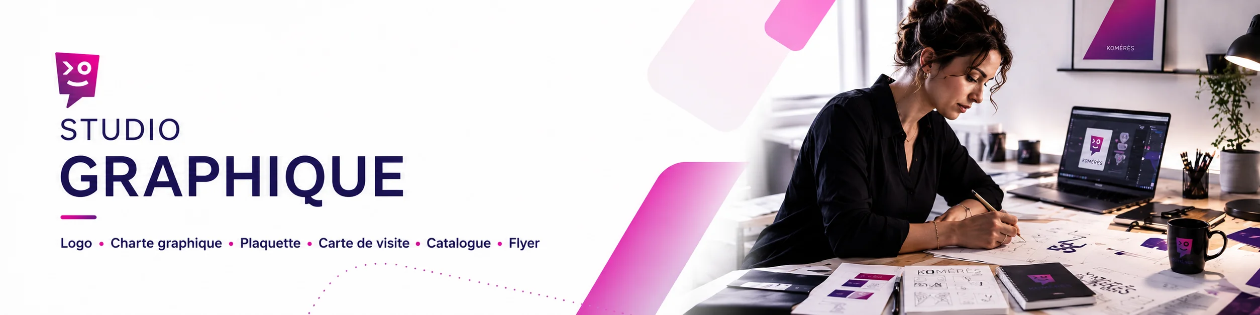 Studio graphique Komérès, création de logos et supports de communication Directrice artistique travaillant sur une identité visuelle pour illustrer le studio graphique Komérès, spécialisé en création de logos, chartes graphiques, plaquettes, cartes de visite, catalogues et flyers.