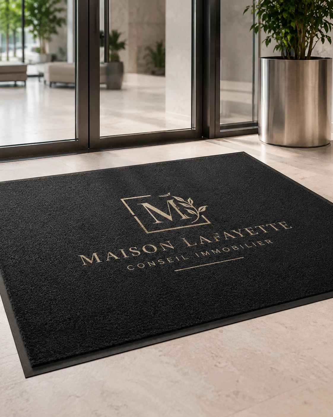 Image r&eacute;aliste en gros plan d&rsquo;un tapis d&rsquo;entr&eacute;e personnalis&eacute; avec logo dans un hall d&rsquo;accueil moderne, id&eacute;ale pour illustrer la qualit&eacute; du marquage, la texture du tapis et l&rsquo;impact visuel d&rsquo;un tapis logo sur mesure pour entreprise.