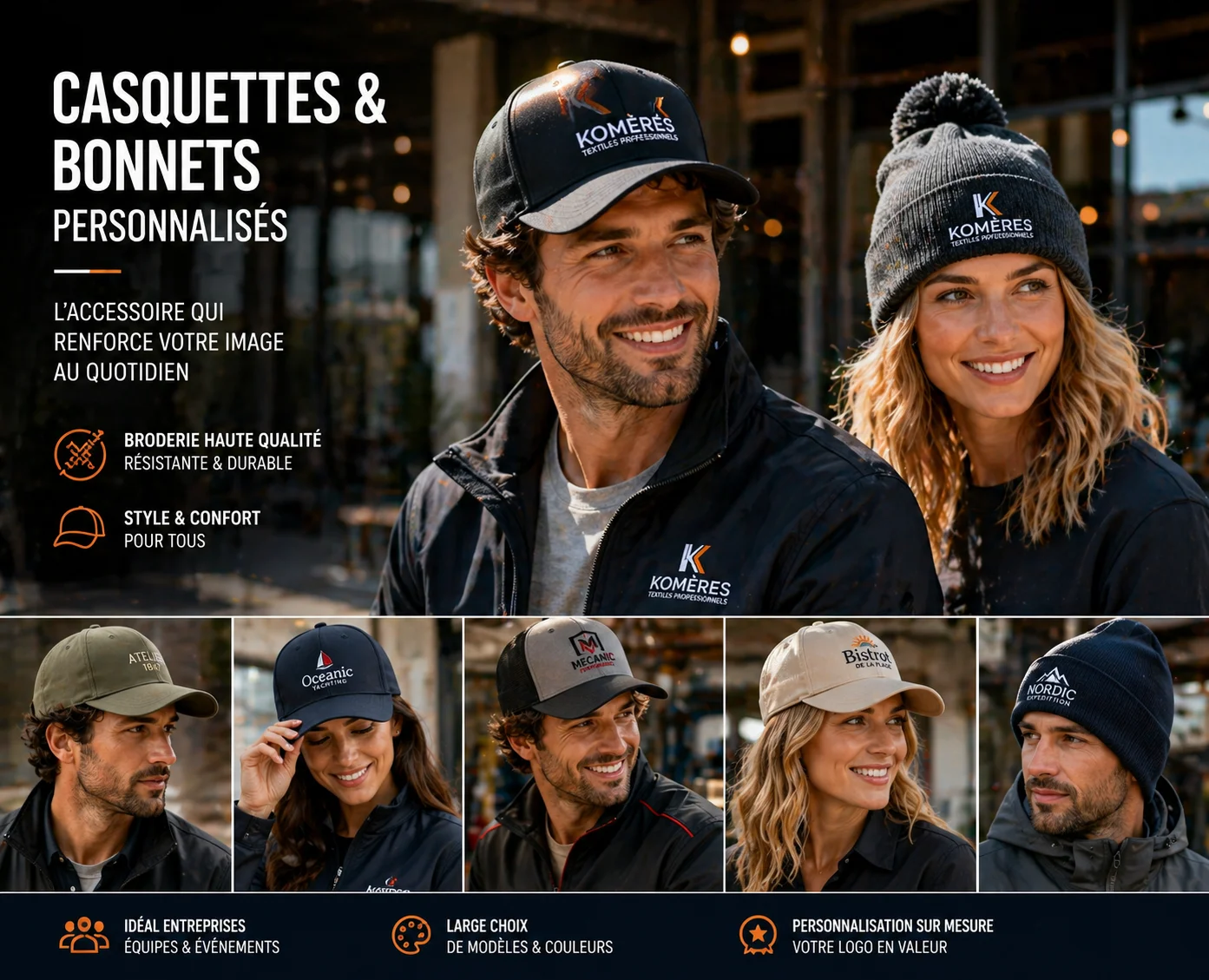 Casquettes et bonnets personnalis&eacute;s brod&eacute;s pour entreprises en Val-d'Oise - Kom&eacute;r&egrave;s
