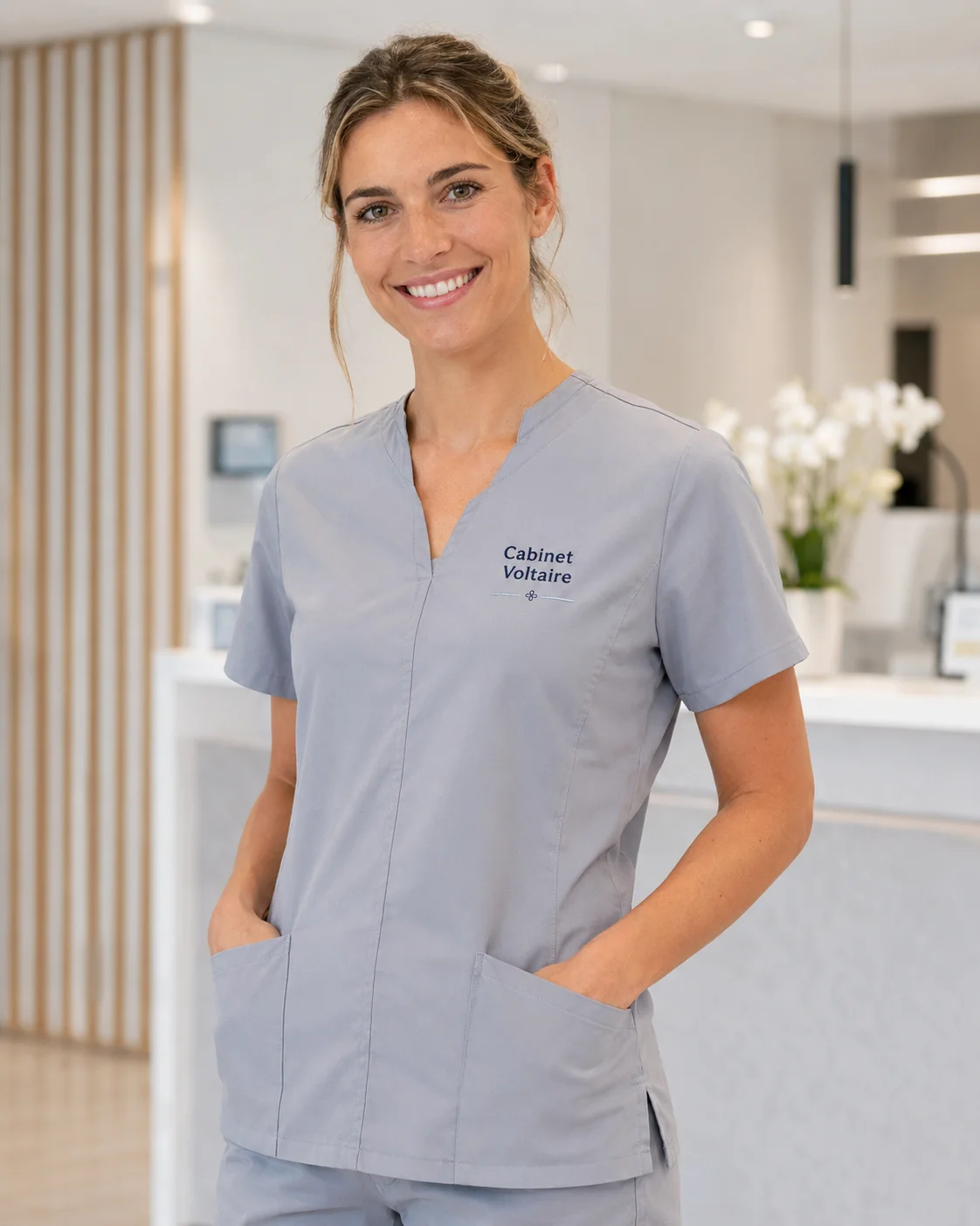 Tuniques et blouses médicales personnalisées avec broderie par Komérès Tenue paramédicale personnalisée avec logo brodé pour professionnel de santé en établissement