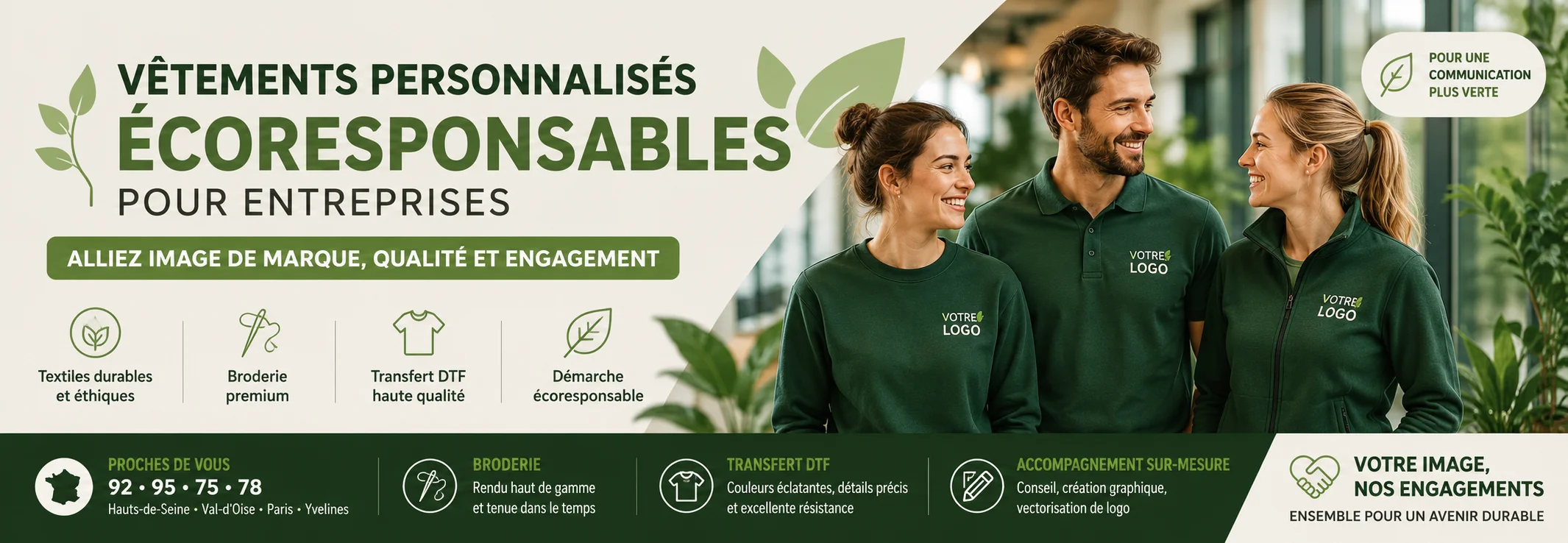 Banni&egrave;re pr&eacute;sentant des v&ecirc;tements professionnels &eacute;coresponsables personnalis&eacute;s en broderie et transfert DTF pour entreprises.