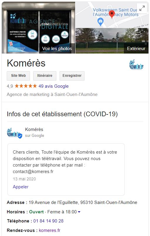 FIche Google My Business de l'agence de communication web et print Komérès 95