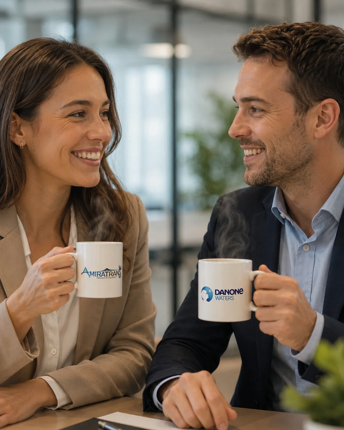 Sc&egrave;ne en entreprise montrant deux collaborateurs souriants face &agrave; face, d&eacute;gustant une boisson chaude dans des mugs personnalis&eacute;s, avec un gros plan sur les tasses, le marquage et une l&eacute;g&egrave;re vapeur visible.