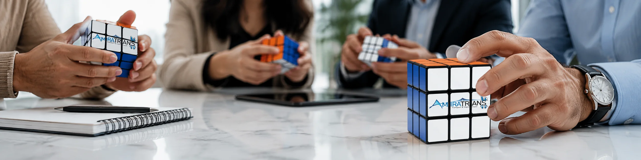 Rubik’s Cube personnalisé AMIRATRANS utilisé comme objet publicitaire Bannière illustrant un Rubik’s Cube personnalisé AMIRATRANS manipulé en situation professionnelle, un objet publicitaire ludique et original conçu pour marquer les esprits et valoriser l’image de marque.