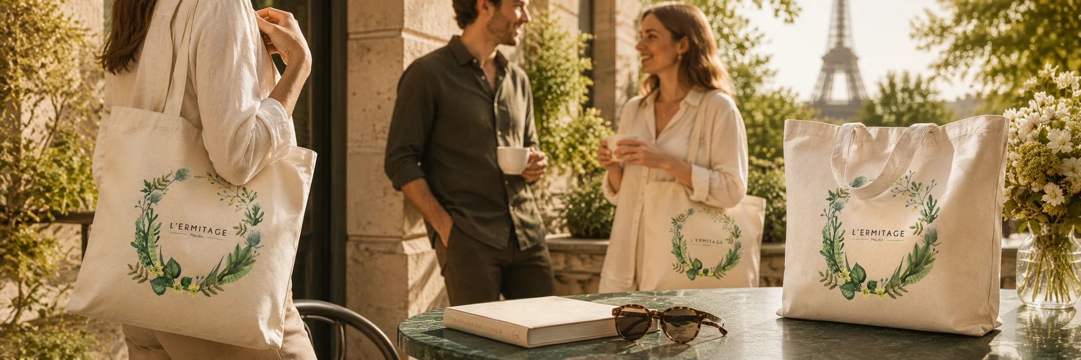 Tote bags personnalisés L’Ermitage Meudon en situation Bannière présentant des tote bags personnalisés L’Ermitage Meudon dans un décor élégant et lumineux, avec des personnes en entreprise ou en terrasse portant les sacs dans une ambiance chic aux portes de Paris.