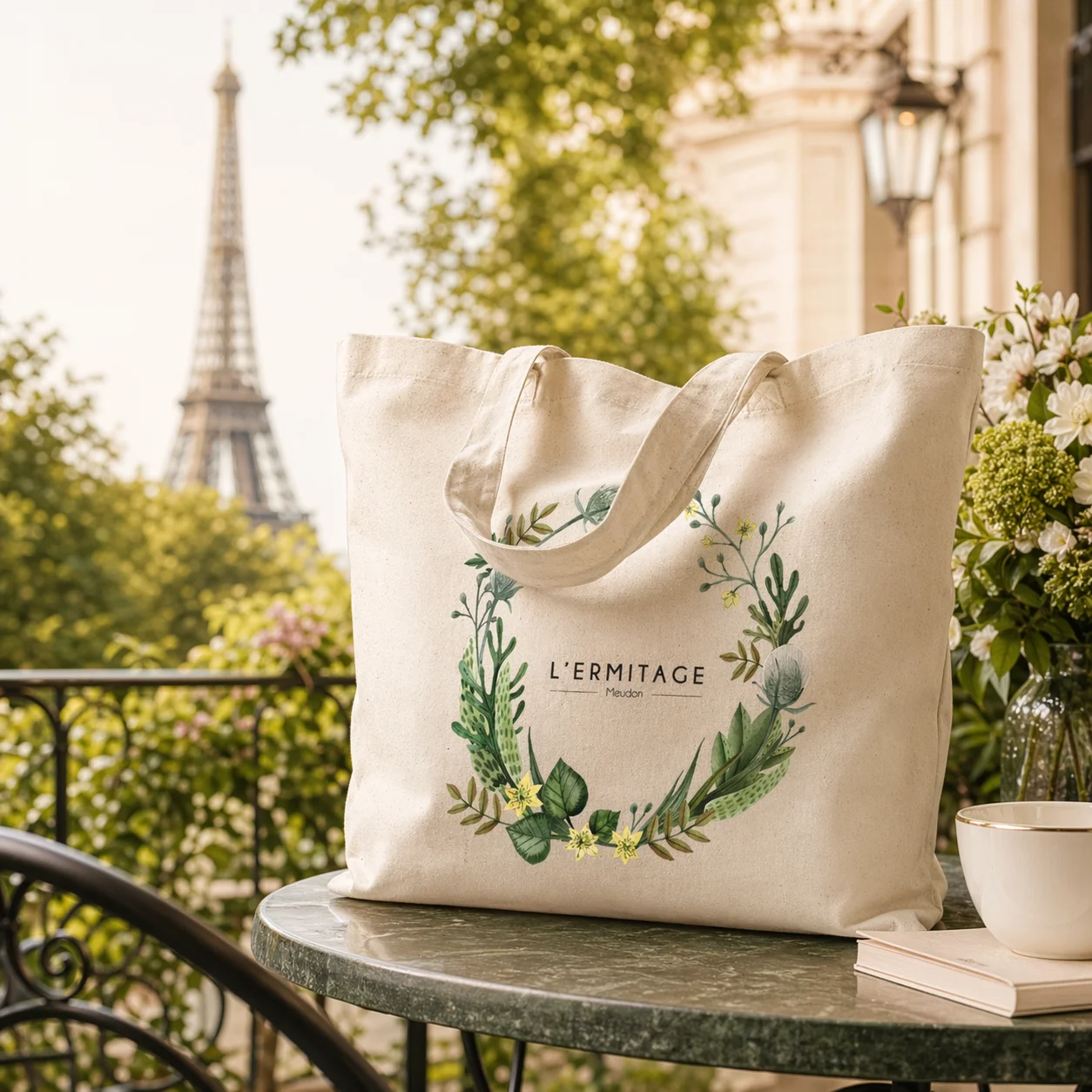 Tote bag personnalis&eacute; L&rsquo;Ermitage Meudon pos&eacute; sur une terrasse &eacute;l&eacute;gante, avec un d&eacute;cor v&eacute;g&eacute;tal, une tasse de caf&eacute; et une ambiance chaleureuse qui valorise le marquage textile.