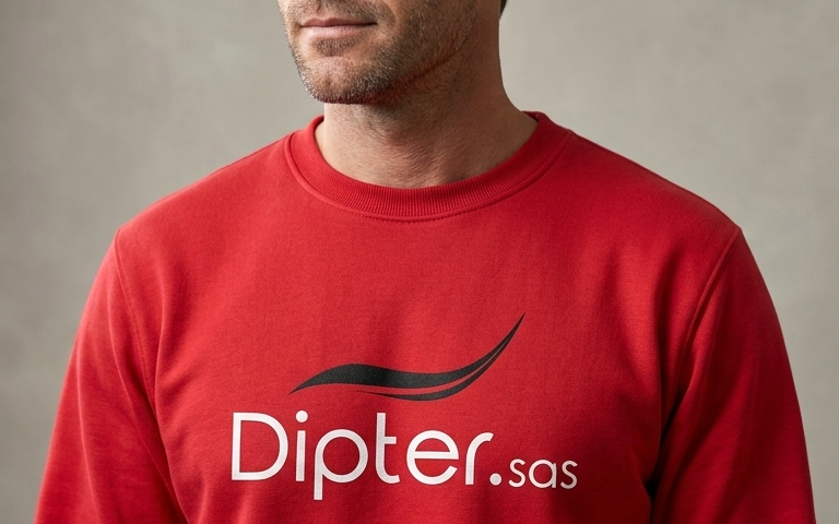 Sweats rouges DTF Dipter Le Thillay Val-d'Oise - réalisation Komérès Collaborateurs Dipter portant leurs sweats rouges personnalisés DTF lors de la journée du personnel
