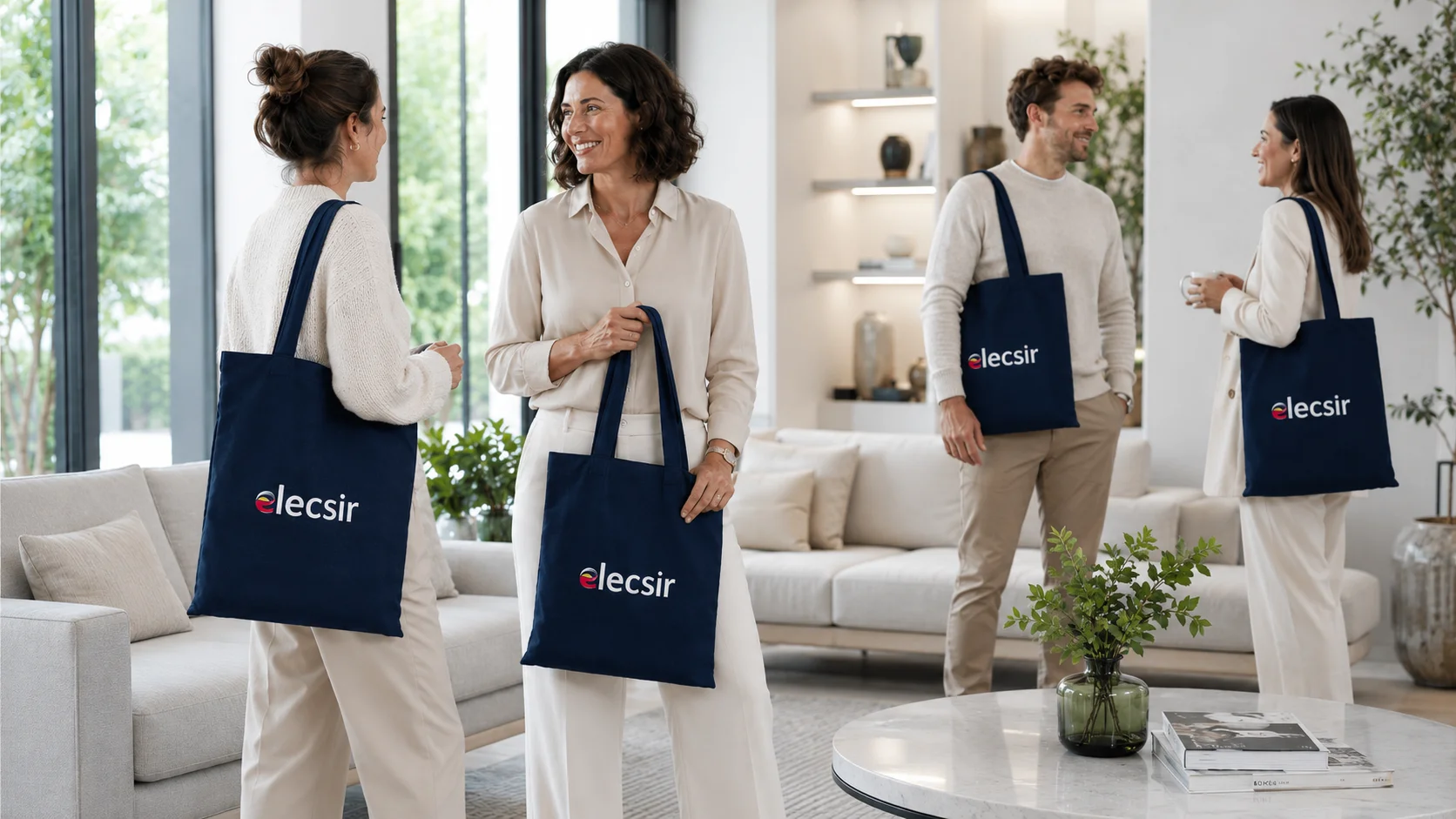 Sac en coton bleu personnalis&eacute; avec logo Elecsir en situation